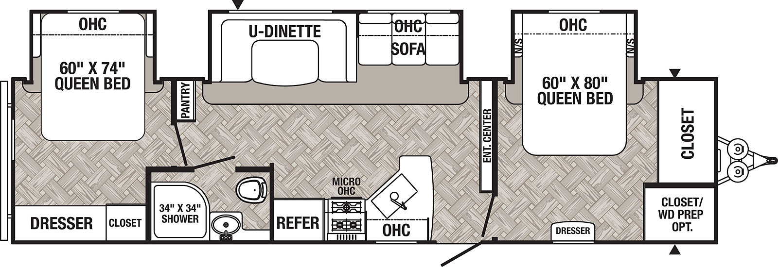 The 32RBFQ has three slide outs on the off door side. Exterior features include a 21 foot awning and an outside kitchen with griddle. Interior layout from front to back: front bedroom with slide out containing a queen bed, closet with washer dryer prep; kitchen and living area with slide out containing a three cushion sofa and U-dinette; kitchen contains a cooktop stove, microwave and refrigerator; full bathroom; second bedroom with slide out containing a queen bed, large dresser and closet.