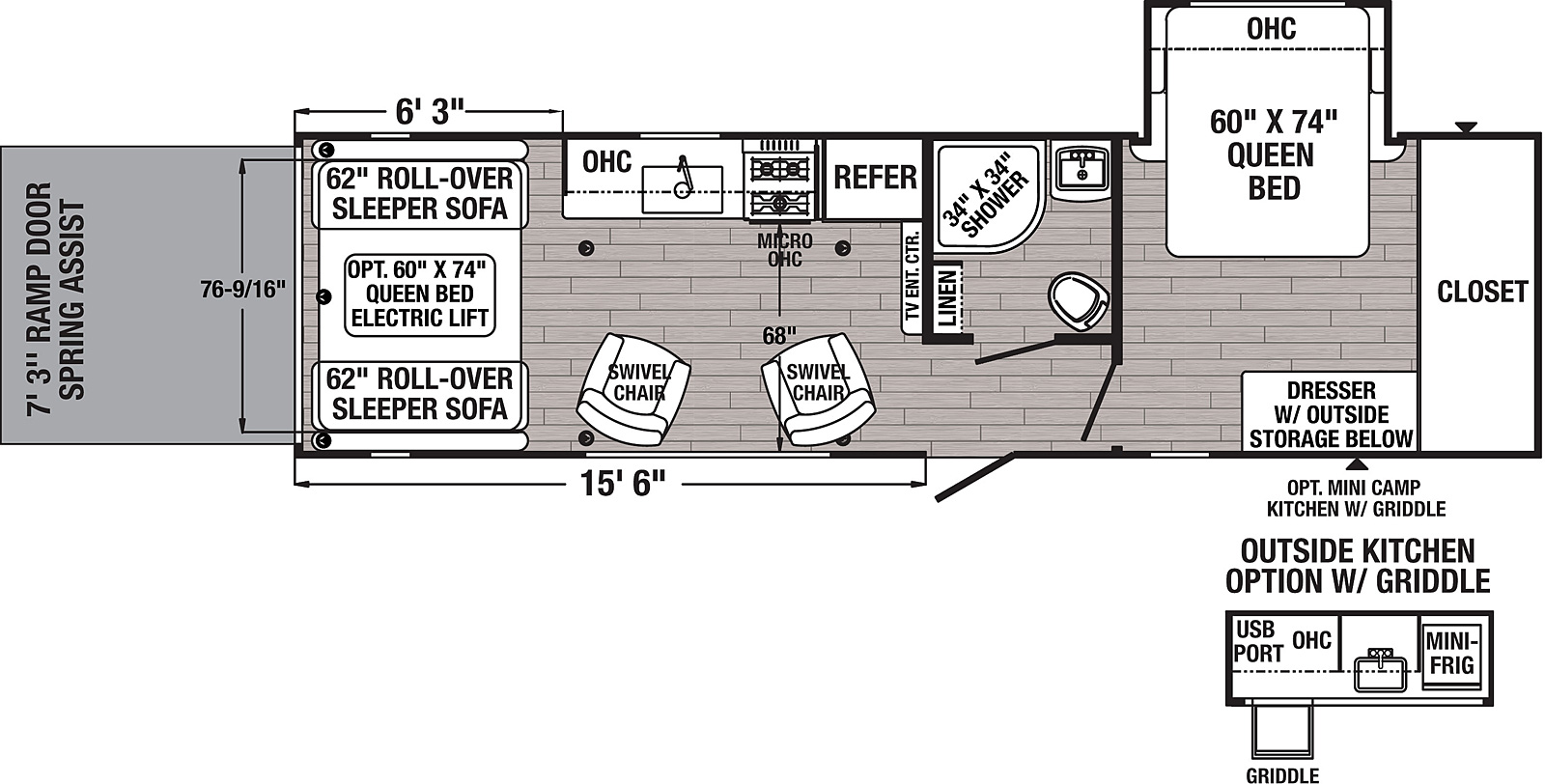 The 27TSB has one slide out on the off door side. Exterior features include a 21 foot awning and an outside kitchen with griddle. Interior layout from the front to back: front bedroom with a queen bed, closet and dresser; full bathroom; entertainment center; kitchen with refrigerator, cooktop stove and microwave; two swivel rocker chairs; two roll-over sleeper sofas; optional queen bed electric lift system; ramp door.