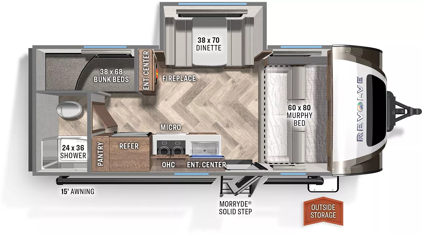 The Revolve EV3 includes an entry door, kitchen area with sink, cooktop, overhead storage, microwave, a refrigerator, and a pantry; a bathroom with a shower, and a toilet; the bunkroom includes 30 x 68 bunkbeds and an entertainment center, the dining area includes a 38 x 70 dinette booth with table; the bedroom/living area includes a 60 x 80 murphy bed/sofa with bed  overhead storage. 