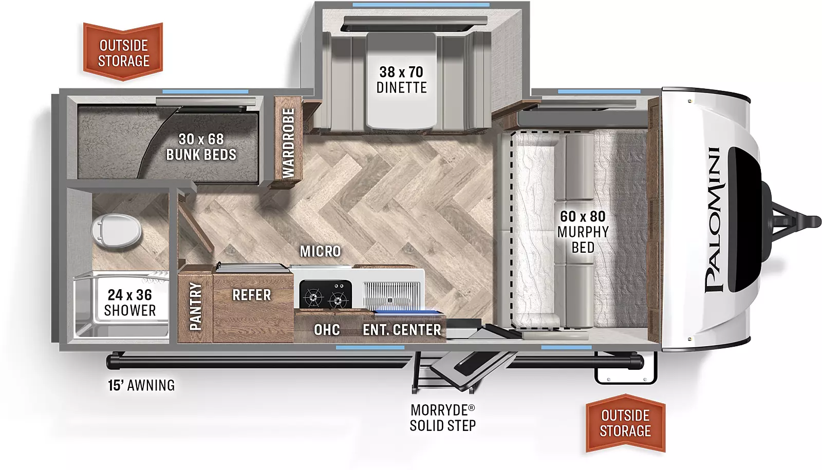 The Palomini 189BHS includes an entry door, kitchen area with sink, cooktop, overhead storage, microwave, a refrigerator, and a pantry; a bathroom with a shower, a toilet, and a sink; the bunkroom includes 30 x 68 bunkbeds and an entertainment center, the dining area includes a 38 x 70 dinette booth with table; the bedroom/living area includes a 60 x 80 murphy bed/sofa with bed  overhead storage. 