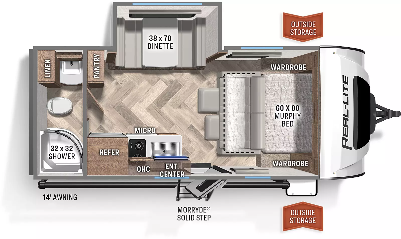 The Real Lite Mini 186 includes an entry door, a kitchen area with a sink, cooktop, microwave, overhead storage, and a refrigerator; the bathroom includes a 32 x 32 shower, a toilet, sink, and a linen closet; the dining area including a pantry and a 38 x 70 dinette booth with table and overhead storage; the living/bedroom area includes a murphy bed/sofa with 2 wardrobes and overhead storage. 