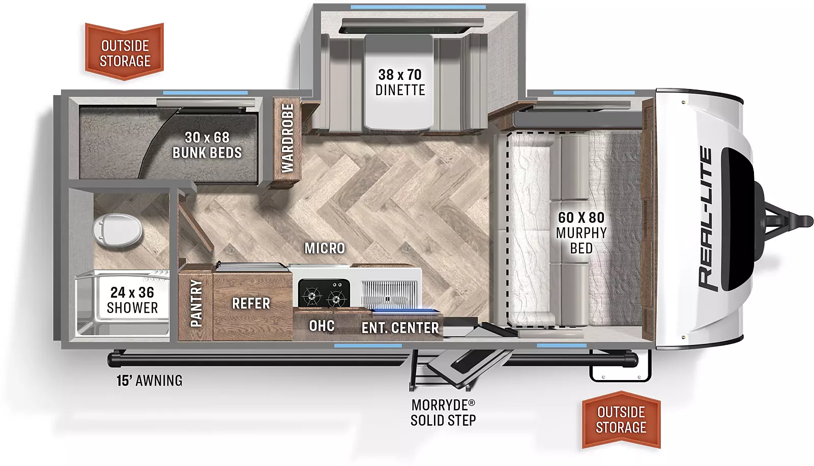 The Real-Lite Mini 189 includes an entry door, kitchen area with sink, cooktop, overhead storage, microwave, a refrigerator, and a pantry; a bathroom with a shower, and a toilet; the bunkroom includes 30 x 68 bunkbeds and an entertainment center, the dining area includes a 38 x 70 dinette booth with table; the bedroom/living area includes a 60 x 80 murphy bed/sofa with bed  overhead storage. 