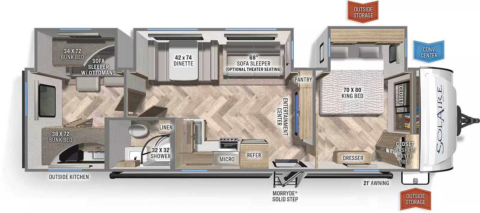 The SolAire Ultra Lite 320TSBH includes an entry door on camp side along with an outside kitchen refrigerator and sink, and 3 slideouts on road side; inside is a kitchen with a refrigerator, stove and cooktop with an overhead microwave, and a sink; the bathroom includes a corned shower, a toilet and sink, and a linen closet; the bunkroom includes a 38 x 72 bunk bed, an entertainment center below, a sofa sleeper with dual ottomans, and an overhead 34" top bunk; the dining area includes a 42 x 74 dinette booth with table, a 68" theater sofa sleeper, a pantry and an entertainment center; the bedroom includes a 70 x 80 king bed with overhead storage, a closet, a wardrobe with washer/dryer prep, and a dresser. 