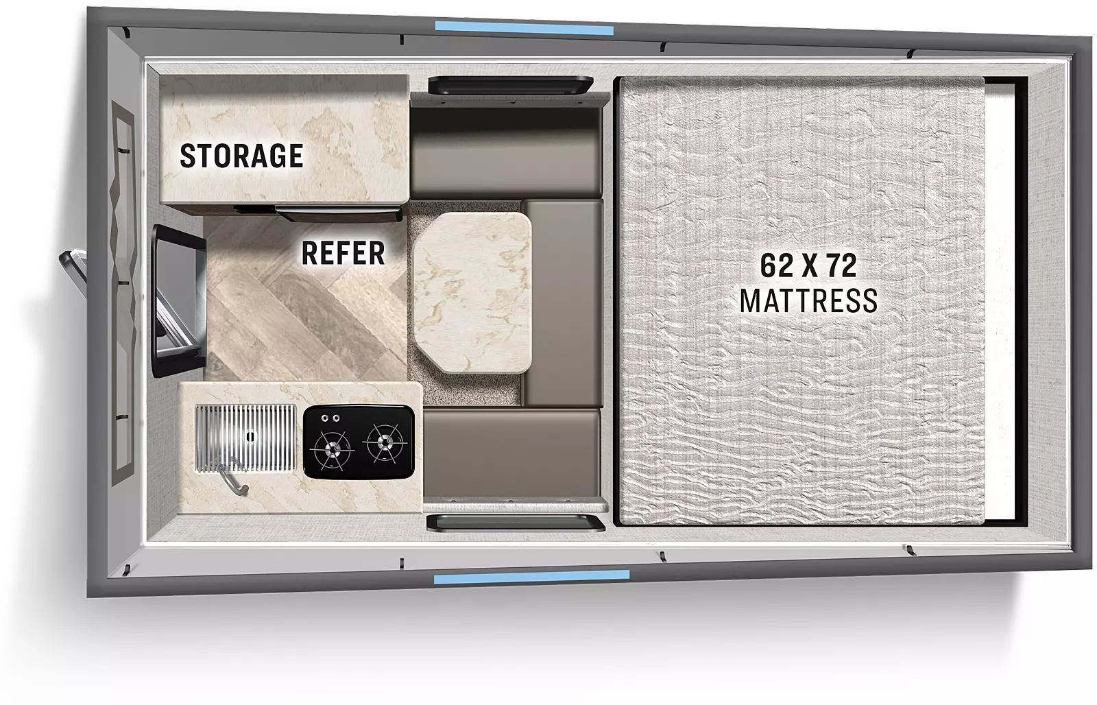 The EA-2 has no slide outs. Interior layout from front to back includes a 62x72 Mattress; step down from front to seating with table; camp side ink and cooktop; off-camp side refrigerator and storage. Rear entry door.