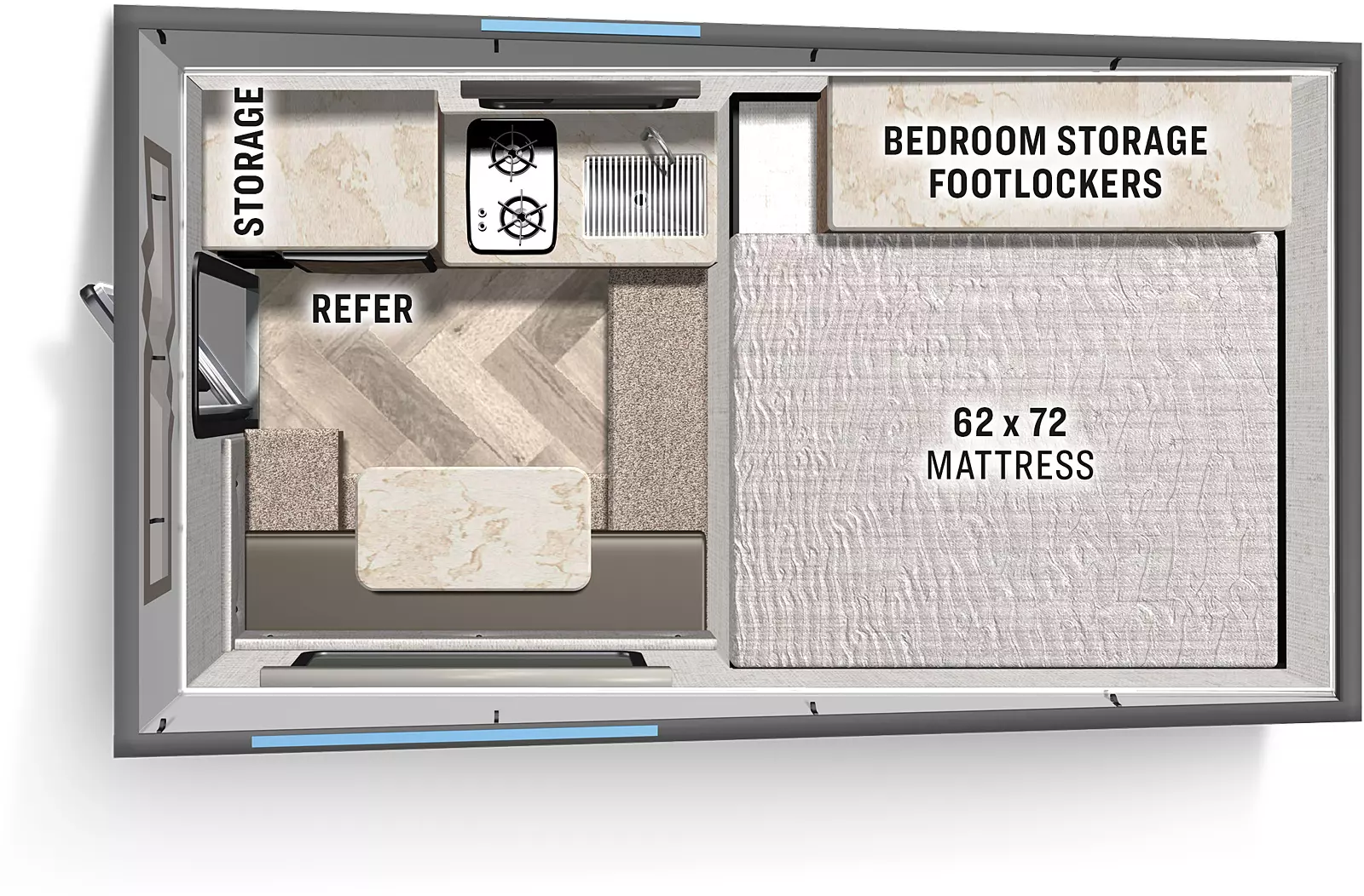 The EB-1 has no slide outs. Interior layout from front to back includes a 62x72 Mattress and bedroom storage footlocker; step down from front; camp side with seating with table; off-camp side sink, cooktop, refrigerator and storage. Rear entry door.