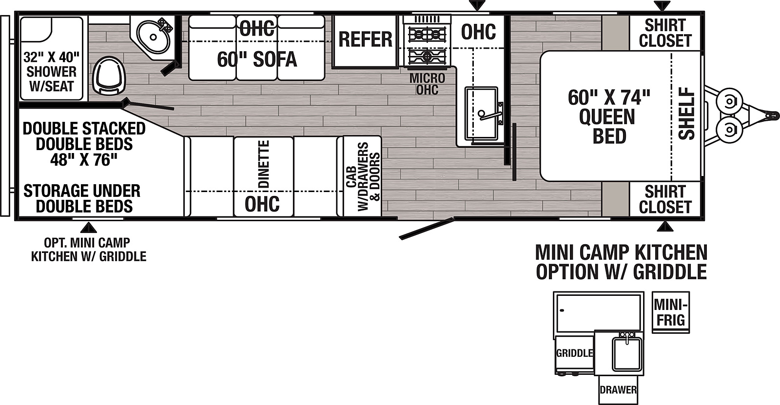 The 23BHC has no slide outs. Exterior features include a 19 foot awning and a mini camp kitchen with griddle. Interior layout from the front to back: front bedroom with queen bed; sliding door out to the kitchen; L-shaped kitchen with microwave, cooktop stove and refrigerator; cabinet with drawers and doors; booth dinette; three cushion sofa; full bathroom; double stacked bunk beds.