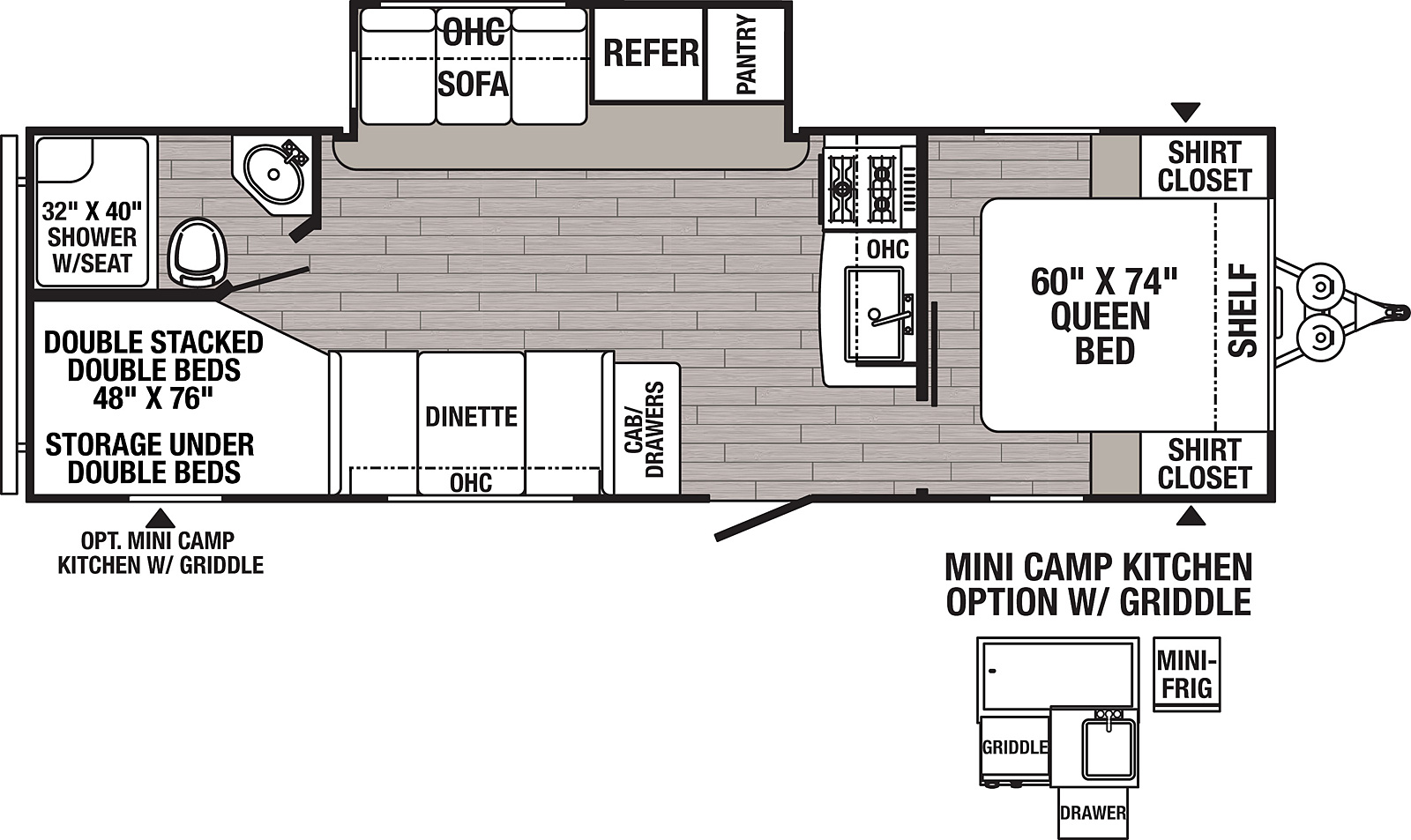The 25BHSC has one slide out on the off door side. Exterior features include a 19 foot awning and a mini camp kitchen with griddle. Interior layout from the front to back: front bedroom with a queen bed; sliding door out to kitchen; kitchen with microwave and cooktop stove; slide out containing a pantry, refrigerator and a three cushion sofa; cabinet; booth dinette; full bathroom; double stacked bunk beds.