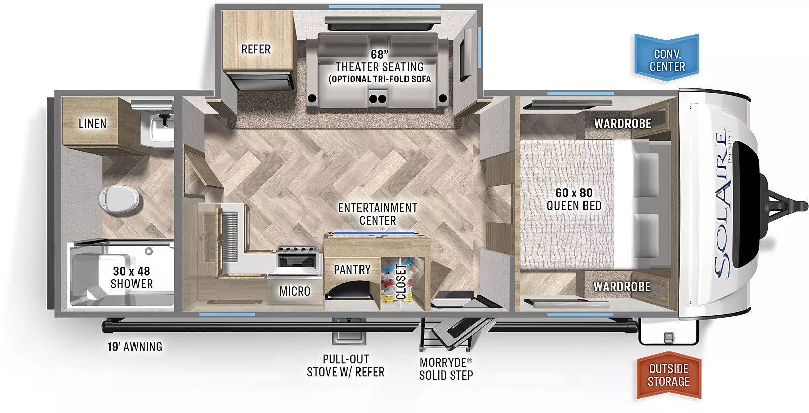 The SolAire Ultra Light 242RBS includes an entry door on campside, one slideout on roadside; a closet and pantry, an entertainment venter, a stove and cooktop, overhead cabinets, a kitchen sink; the bathroom includes a 30 x 48 shower with seat, a toilet, a sink, and linen closet; the dining area includes a refrigerator and  68" theater seating, the bedroom area includes 2 wardrobes on either side of a 70 x 80 king bed. 