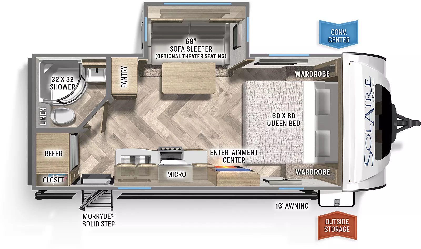 The SolAire Ultra Lite 208SS includes an entry door on campside, one slideout on roadside; a closet, a refrigerator; the bathroom includes a linen closet, a toilet, a 32 x 32 corner shower, and a sink; the dining area includes a pantry and a 68" sofa sleep with table; the bedroom area includes 2 wardrobes on either side of the 60 x 80 queen bed; the kitchen includes an an entertainment center, a cooktop with an overhead microwave, and a kitchen sink. 