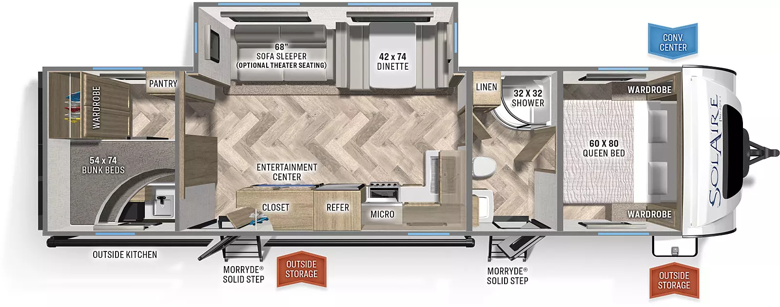 The SolAire Ultra Lite 315DQBH includes 2 entry doors on the campside, 1 slideout on road side, and an outside mini kitchen; inside are  54 x 74 bunk beds, a wardrobe and pantry; the dining area includes a 68" sofa sleep and a 42 x 74 dinette; the bathroom includes a linen closet, a  32 x 32 shower, a sink and toilet, a door leads to the bedroom; included in the bedroom are 2 wardrobes on either side of a 60 x 80 queen bed; the kitchen includes a sink with overhead storage, a stove and cooktop with a microwave overhead, a refrigerator, an entertainment center, and a closet. 