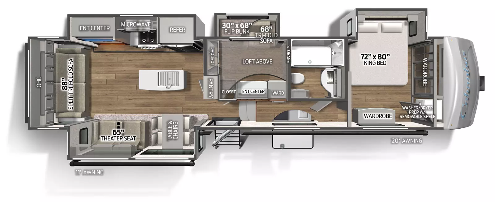 The 379MB has 4 slide outs, 3 on the road side and one on the camp side, along with one entry door on the camp side. Interior layout from front to back: front bedroom with king bed in a slide out; side aisle bathroom; bunk room with road side slide out containing trifold sofa and upper bunk, and cabinetry with TV hookups and loft area above the bunk room; kitchen living dining area with road side slide out containing cooktop and oven, residential refrigerator and TV entertainment area. The camp side slide out containing freestanding table and chairs and theater seating. Kitchen island with double basin sink. Camp side outside kitchen in compartment with sink and mini fridge.  