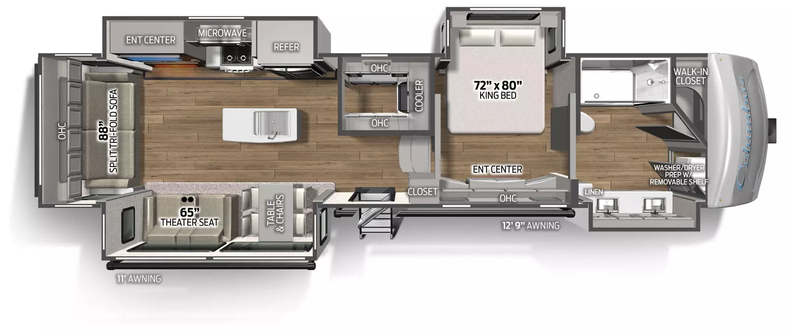The 382FB has 4 slide outs, 2 on the road side and two on the camp side, along with one entry door on the camp side. Interior layout from front to back: front bathroom with walk in closet and two sinks and cabinets in the camp side slide out, bedroom with king size bed in the road side slide out, walk in pantry with mini fridge, kitchen dining, living area with the road side slide out containing residential refrigerator, cooktop with oven and overhead microwave, TV entertainment area; The camp side slide out containing freestanding table and chairs and theater seating.