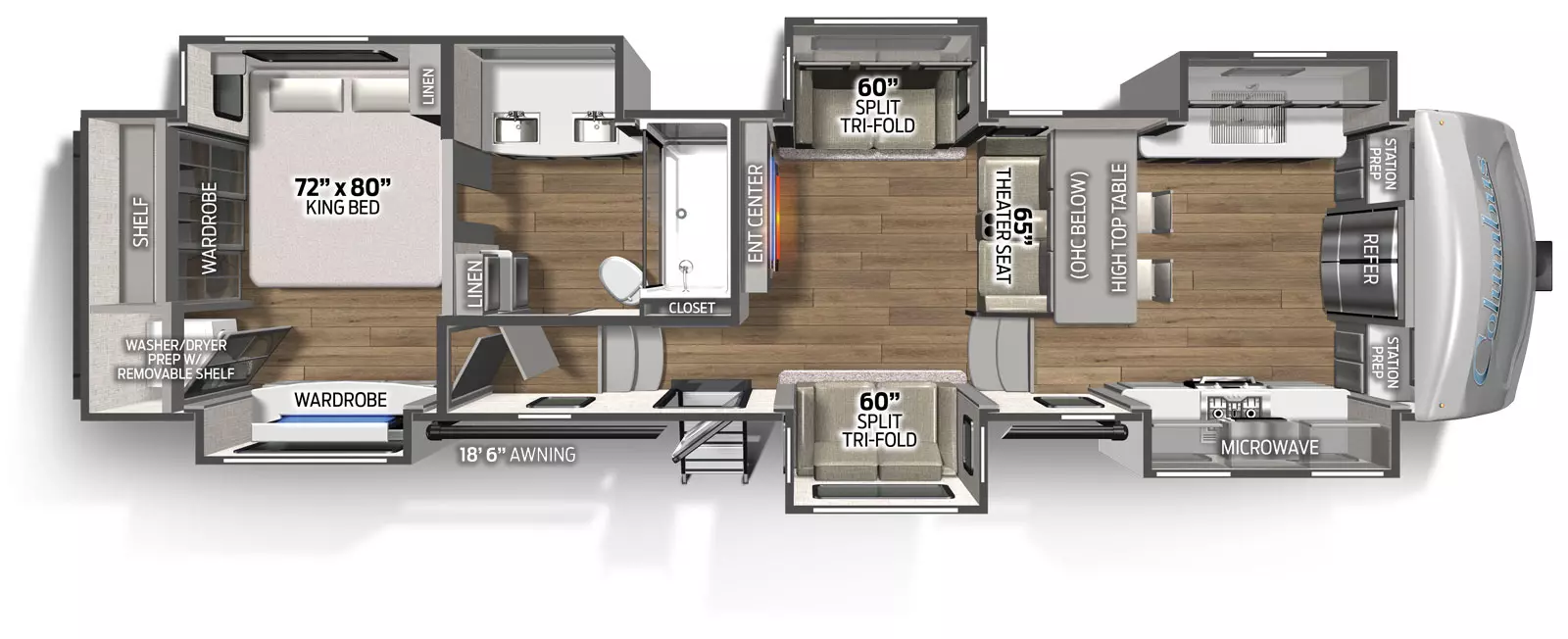 The 388FK has 5 slide outs, three on the road side and two on the camp side, along with one entry door on the camp side. Interior layout from front to back: front kitchen with residential refrigerator, road side slide out containing double basin sink, cabinets and overhead microwave; the camp side slide out containing cabinets, oven and cooktop. Living room with theater seat and entertainment center, road side slide out containing trifold sofa; camp side slide out containing trifold sofa; side aisle bathroom with road side slide out containing two sinks and cabinets; rear bedroom with king size bed in road side slide. Exterior storage below the rear bedroom.  
