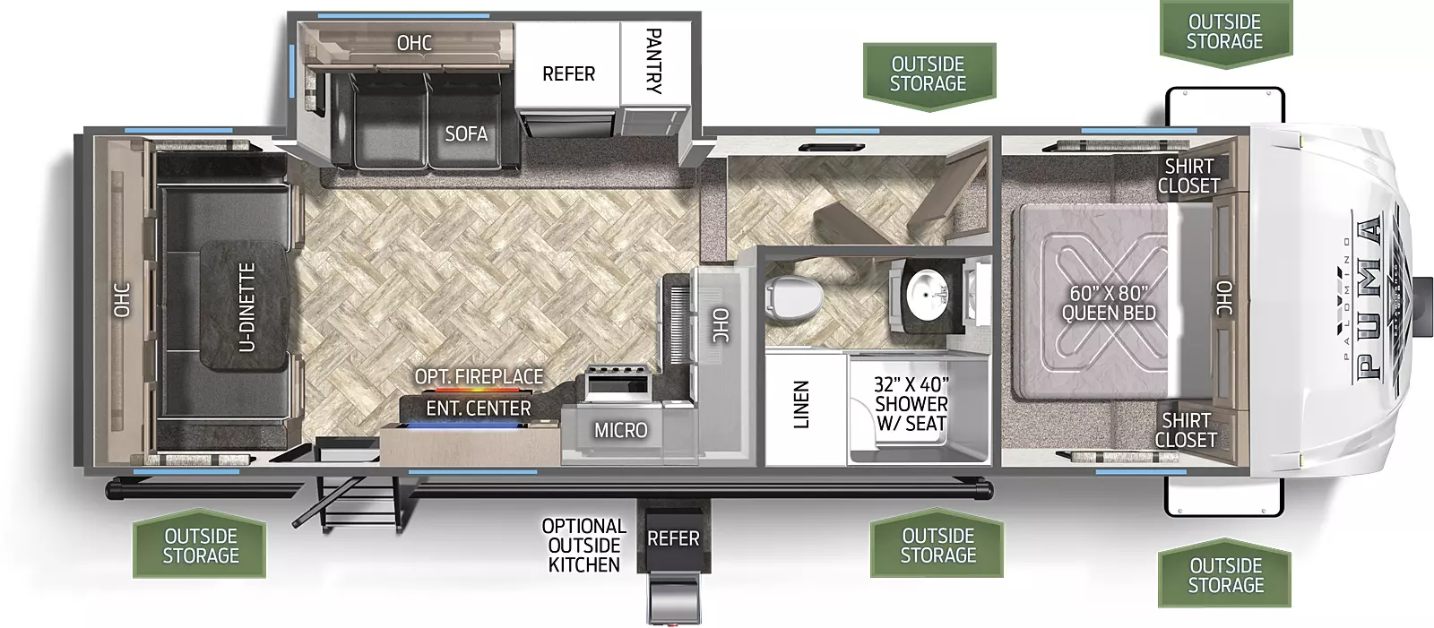 The 265RDS has one slide out on the off door side. Exterior features include a 17 foot awning and a micro outside kitchen. Interior layout from the front to the back: front bedroom with queen bed; full bathroom; steps into living and kitchen area; slide out containing pantry, refrigerator and three cushion sofa; corner kitchen with microwave, cooktop stove and entertainment center; rear U-dinette.