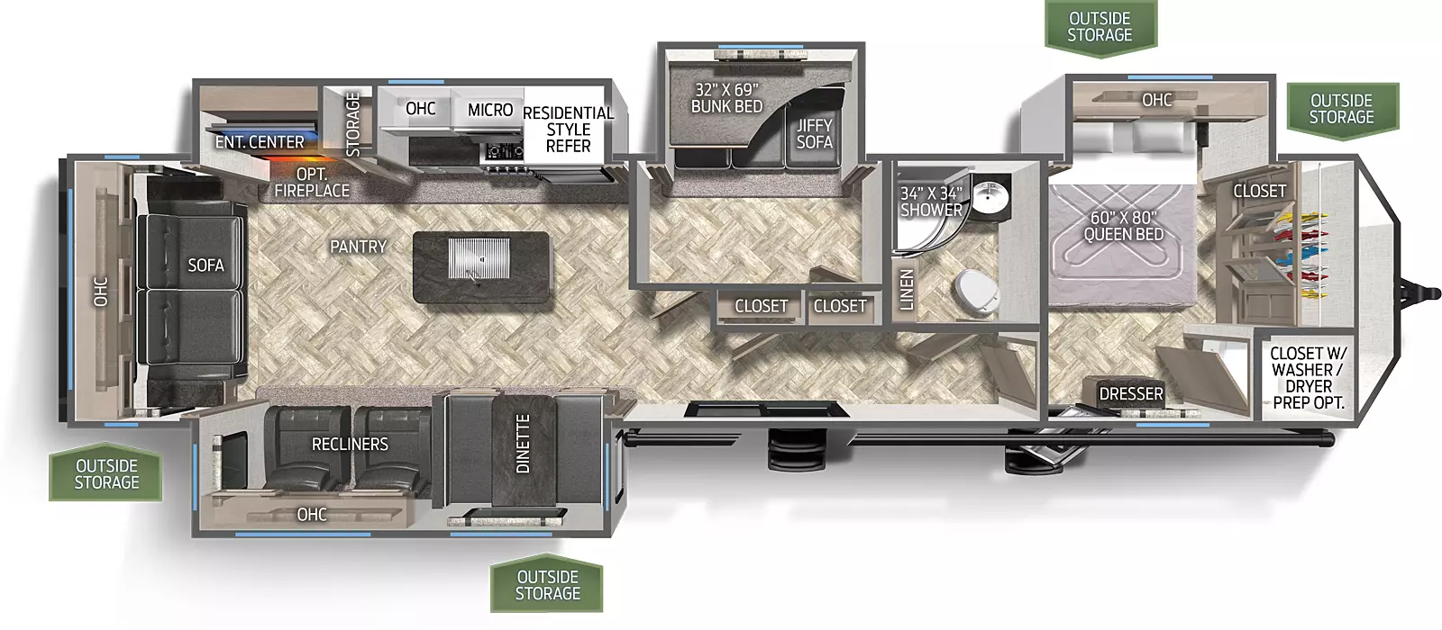 The 38RLB has four slide outs. Three on the off door side and one on the door side. Exterior features include a 19 foot awning. Interior layout from the front to back: bedroom with closet that has washer dryer prep, slide out containing a queen bed, dresser; full bathroom; closet; bunk room with a slide out containing a fold down bunk and a fold down sofa, closet; kitchen and living area; door side slide out containing a booth dinette and two recliners; kitchen island with sink; off door side slide out containing residential refrigerator, microwave, cooktop stove, walk in pantry, entertainment center; three cushion sofa.
