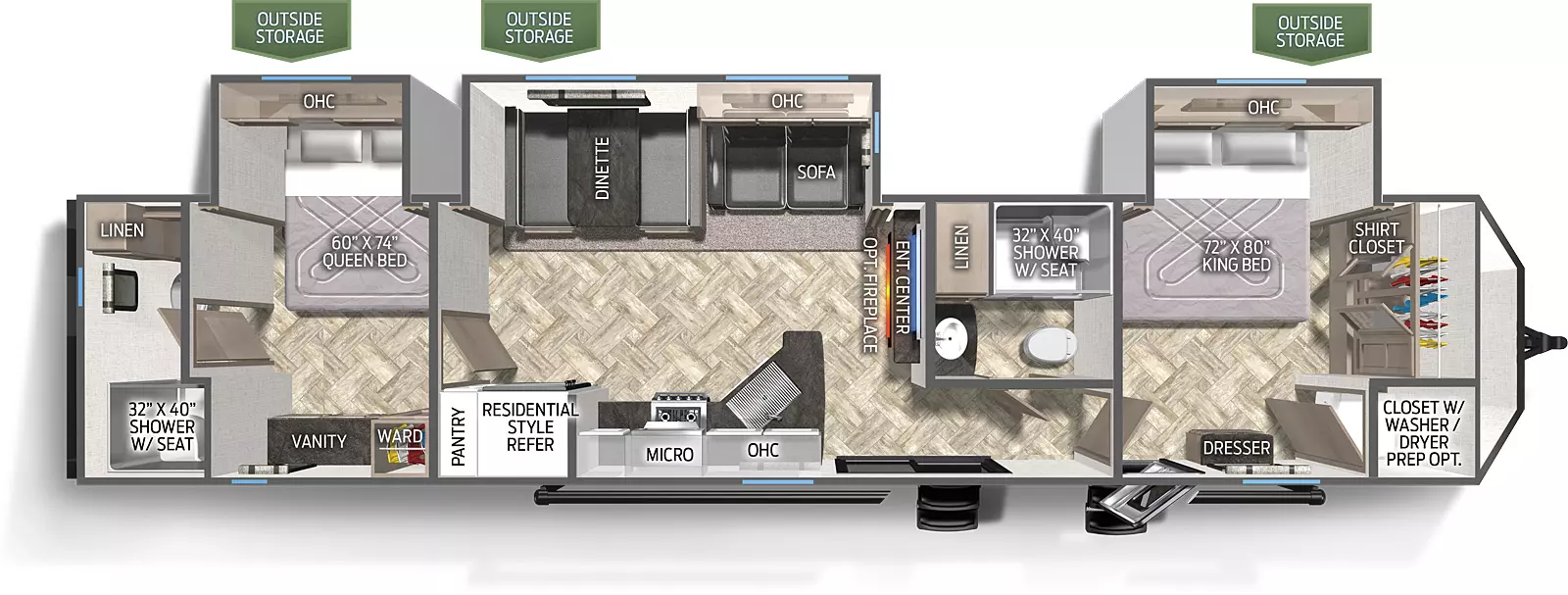 The 39DBT has three slide outs on the off door side. Exterior features include a 21 foot awning. Interior layout from the front to back: bedroom with closet that has washer dryer prep, slide out containing a king bed, dresser; full bathroom; entertainment center; off door slide out containing a three cushion sofa and booth dinette; kitchen with cooktop stove, microwave, residential refrigerator and pantry; second bedroom with slide out containing a queen bed, vanity and wardrobe; second full bathroom.