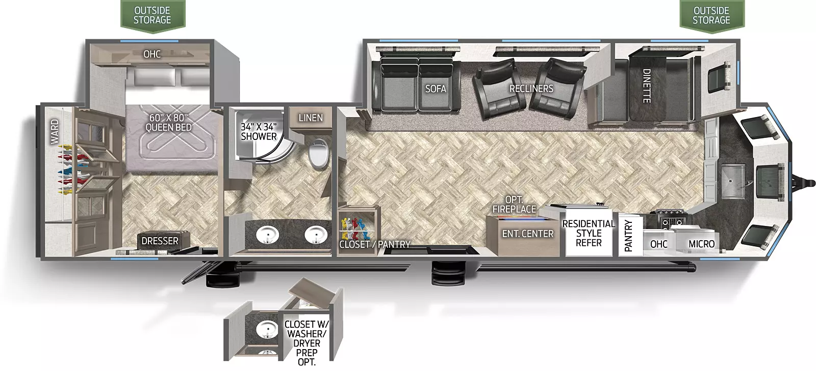 The 39PFK has two slide outs on the off door side. Exterior features include a 21 foot awning. Interior layout from front to back: front kitchen with cooktop stove, microwave, pantry, residential refrigerator and pantry; slide out containing booth dinette, two recliners and a three cushion sofa; pass through full bathroom with double vanity; bedroom with slide out containing king bed, large wardrobe.
