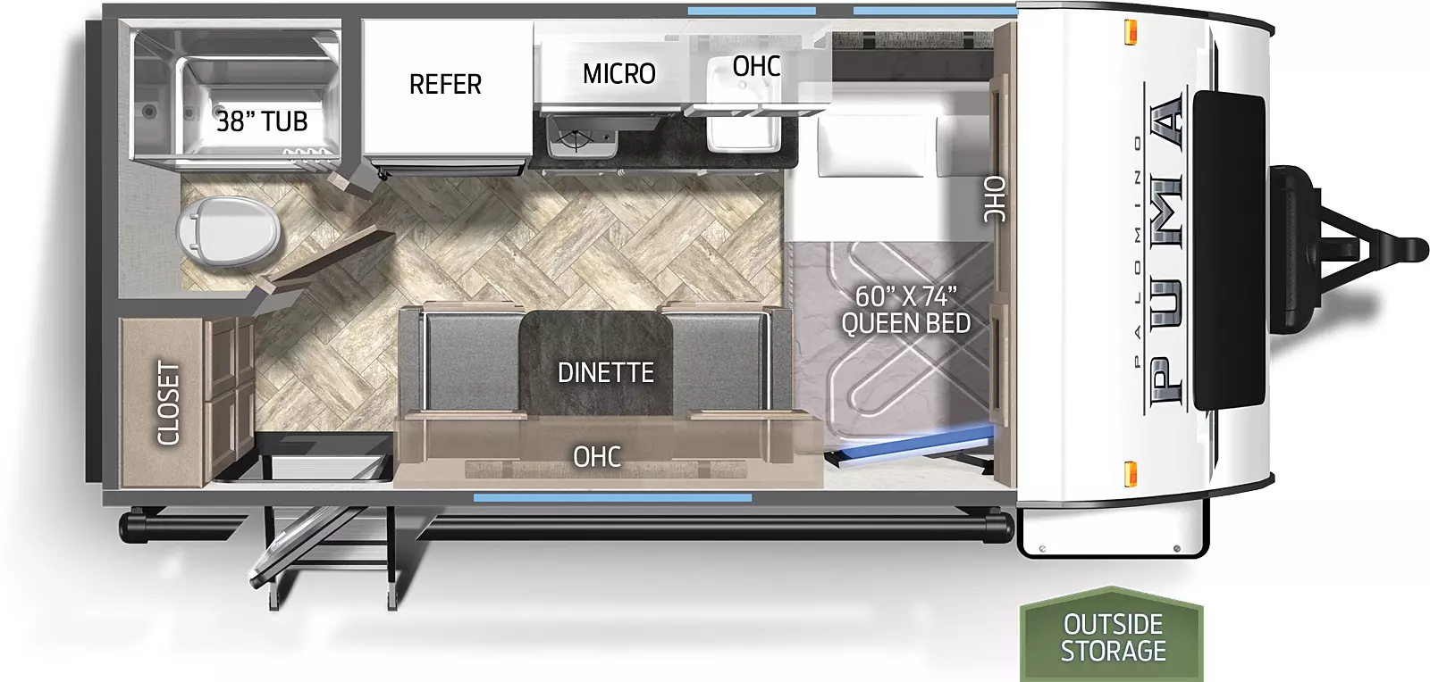 The 12FBX has no slide outs. Exterior features include a 10 foot awning. Interior layout from the front to back: queen bed with end table; booth dinette; kitchen with cooktop and refrigerator; full bathroom; closet.
