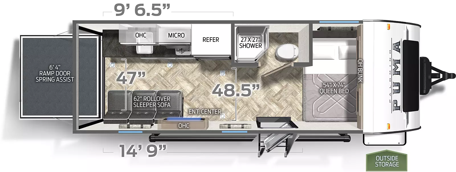 The 187TH has no slide outs. Exterior features include a 14 foot awning. Interior layout from the front to back: queen bed with end table; full bathroom; kitchen with refrigerator and cooktop; entertainment center; two rollover sleeper sofa's on either side of the trailer; ramp door.

