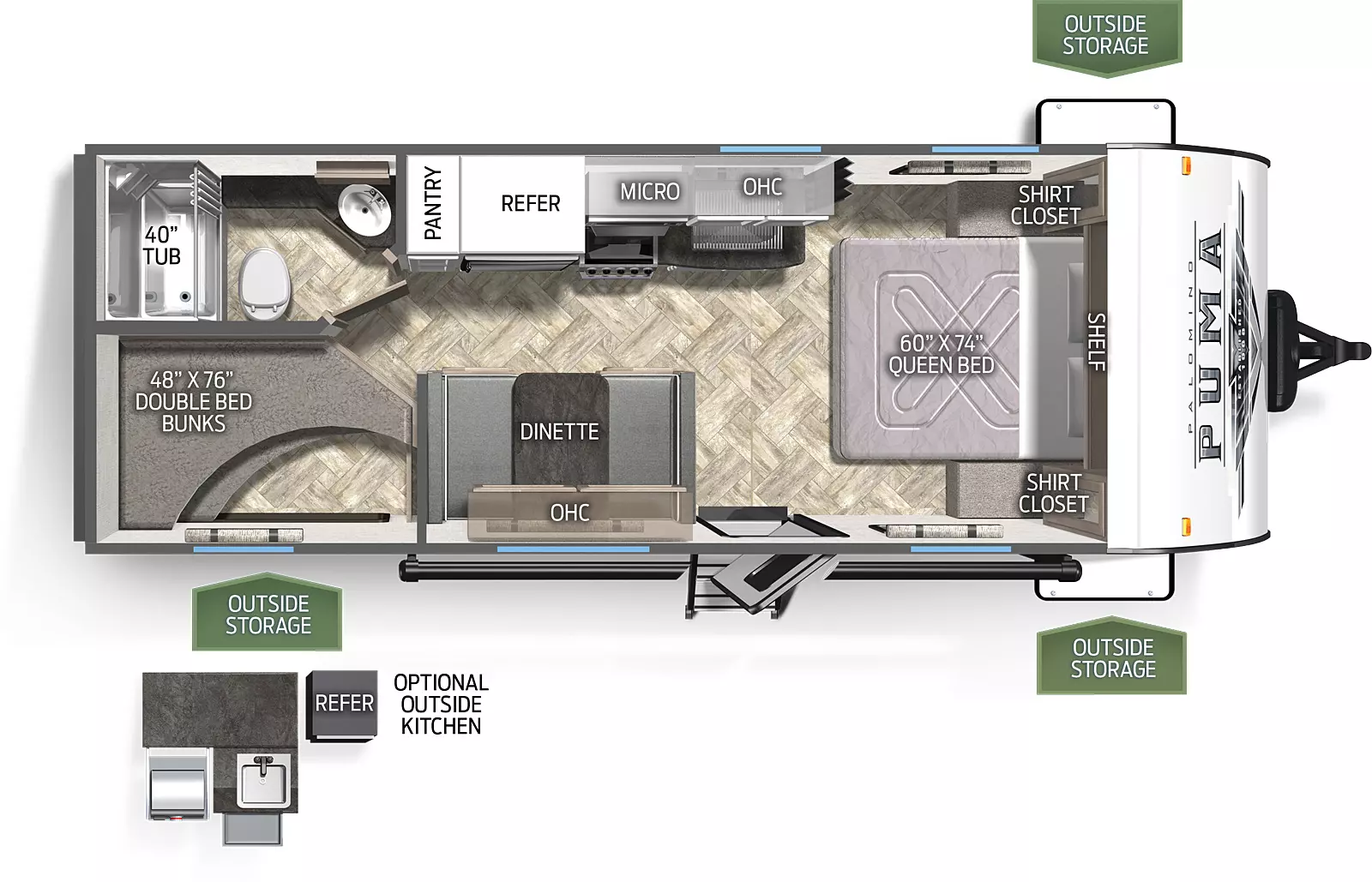The 22RBC has no slide outs. Exterior features include a 10 foot awning and a mini camp kitchen with griddle. Interior layout from the front to back: queen bed with two shirt closets; kitchen with microwave, cooktop stove, refrigerator and pantry; booth dinette; full bathroom; double stacked bunk beds.
