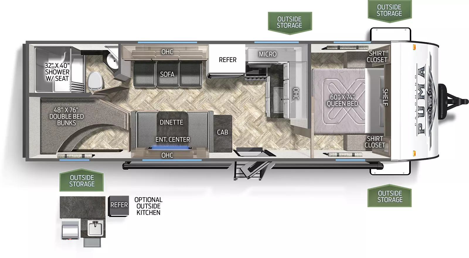 The 23BHC has no slide outs. Exterior features include a 19 foot awning and a mini camp kitchen with griddle. Interior layout from the front to back: front bedroom with queen bed; sliding door out to the kitchen; L-shaped kitchen with microwave, cooktop stove and refrigerator; cabinet with drawers and doors; booth dinette; three cushion sofa; full bathroom; double stacked bunk beds.
