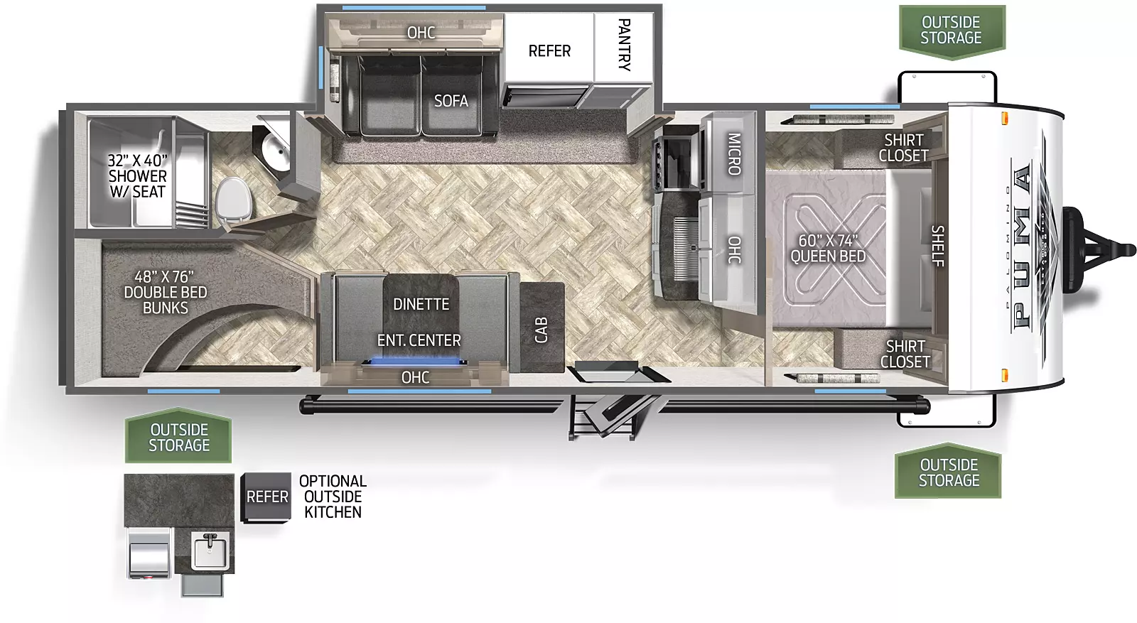 The 25BHSC has one slide out on the off door side. Exterior features include a 19 foot awning and a mini camp kitchen with griddle. Interior layout from the front to back: front bedroom with a queen bed; sliding door out to kitchen; kitchen with microwave and cooktop stove; slide out containing a pantry, refrigerator and a three cushion sofa; cabinet; booth dinette; full bathroom; double stacked bunk beds.
