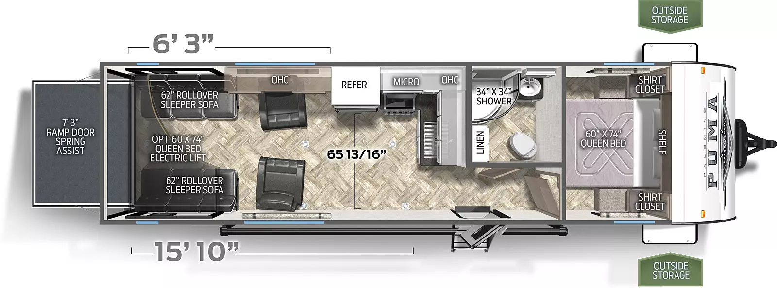The 27QBC has no slide outs. Exterior features include a 19 foot awning. Interior layout from the front to back: front bedroom with a queen bed; full bathroom; two swivel chair rockers; kitchen with refrigerator, microwave and cooktop stove; two roll-over sofas; optional queen bed electric lift system; ramp door.
