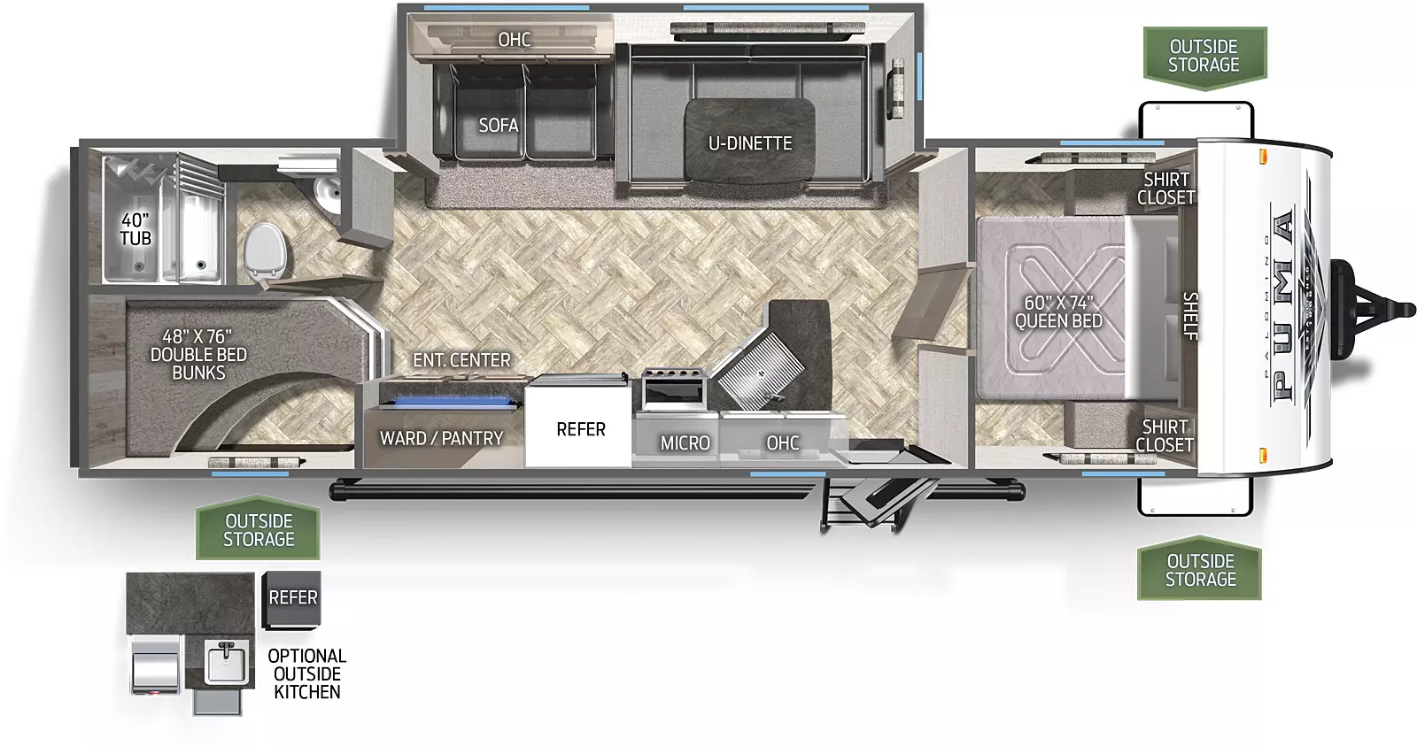 The 27RBQC has one slide out on the off door side. Exterior features include a 21 foot awning and a mini camp kitchen with griddle. Interior layout from the front to back: front bedroom with queen bed; slide out containing a U-dinette and a three cushion sofa; kitchen with microwave, cooktop stove, refrigerator, pantry and wardrobe; double stacked bunk beds; full bathroom.