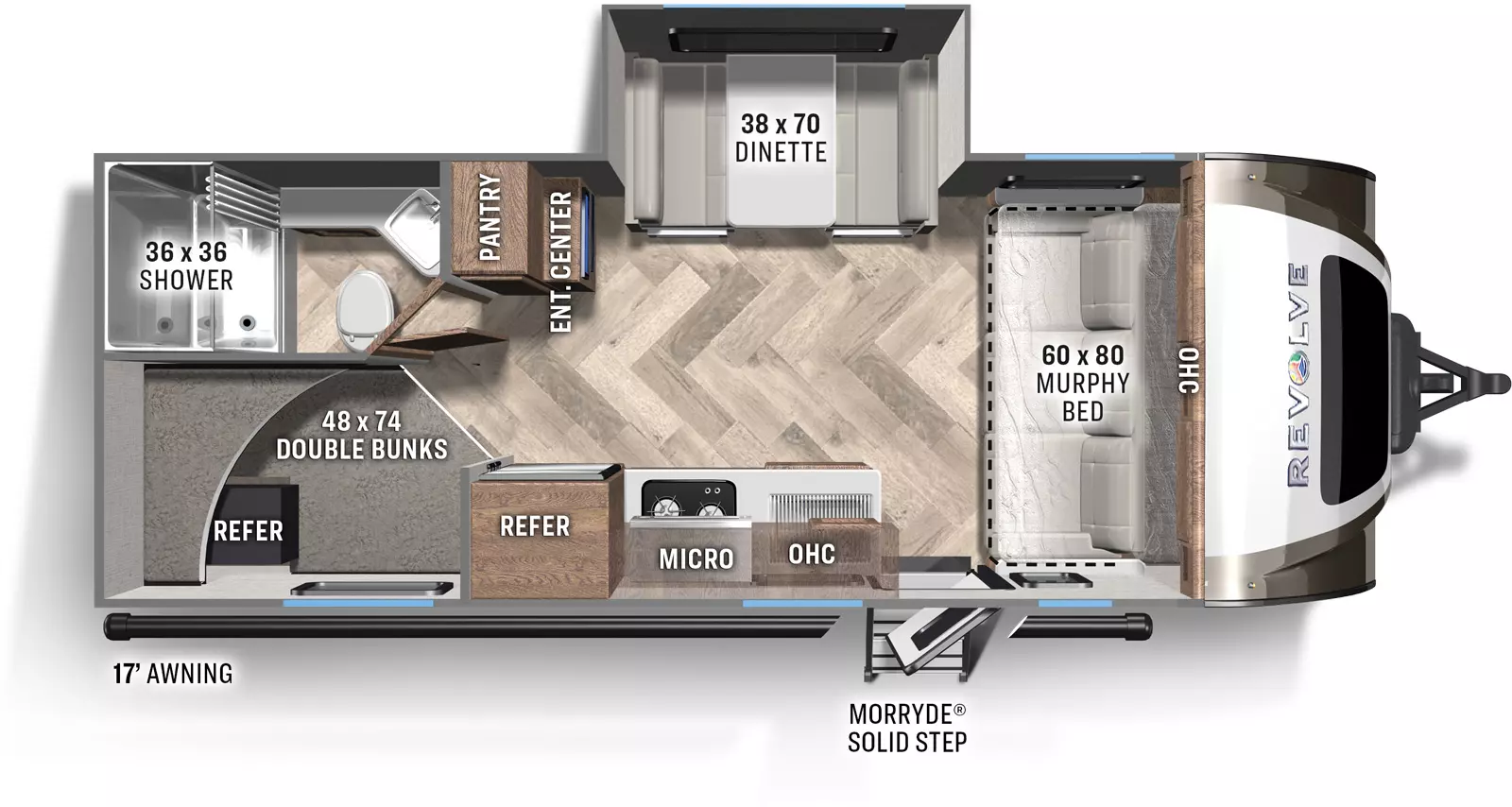 The EV5 has one slide out and one entry. Exterior features include: 17 foot awning, rear refrigerator, and Morryde Solid Step. Interior layout front to back: murphy bed/couch with overhead cabinet, off door side dinette slide out, entertainment center, and pantry; door side entry, kitchen with overhead cabinet, microwave and refrigerator; rear, off door side full bathroom with shower; rear door side double bunks. 