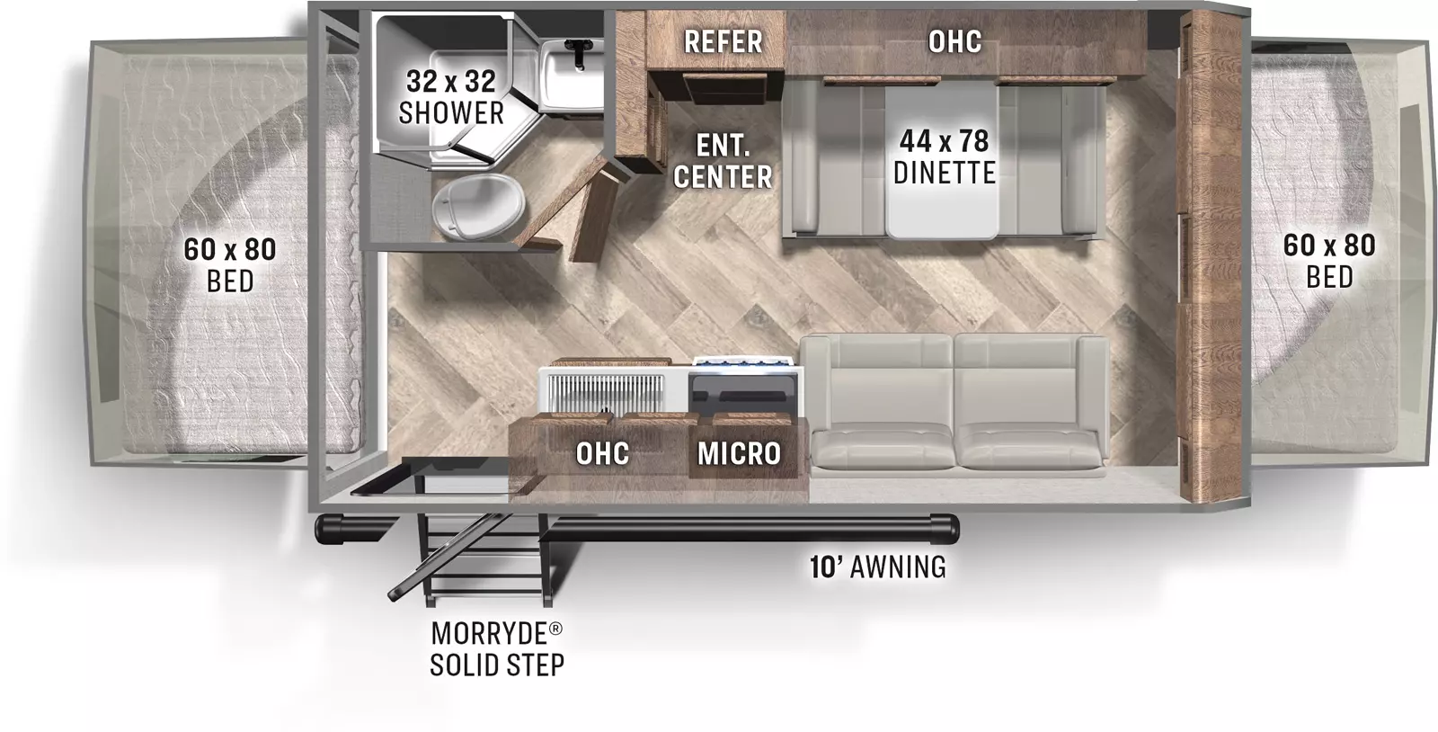 The 147H has zero slide outs and one entry. The exterior features include 10 foot awning and Morryde Solid Step. Interior layout front to back: front expandable bed; off door side dinette with overhead cabinet, refrigerator, and entertainment center; door side seating, kitchen with microwave and overhead cabinet, and entry; off door side full bathroom with shower; rear expandable bed. 