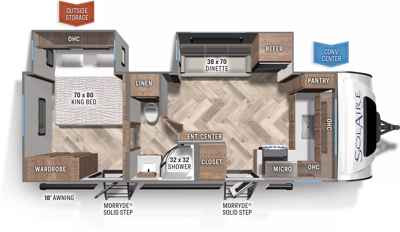 The 230FKBS has two slide outs and two entries. The exterior features include an 18 foot awning, two Morryde Solid Steps, outside storage and conv. center. The interior layout front to back: front kitchen with pantry, overhead cabinets, and microwave; off door side slide out with refrigerator and dinette; door side entry and closet; entertainment center along inner wall; pass through bathroom with linen storage and shower; rear bedroom with king size slide out and overhead cabinet, wardrobe, and entry/exit door. 