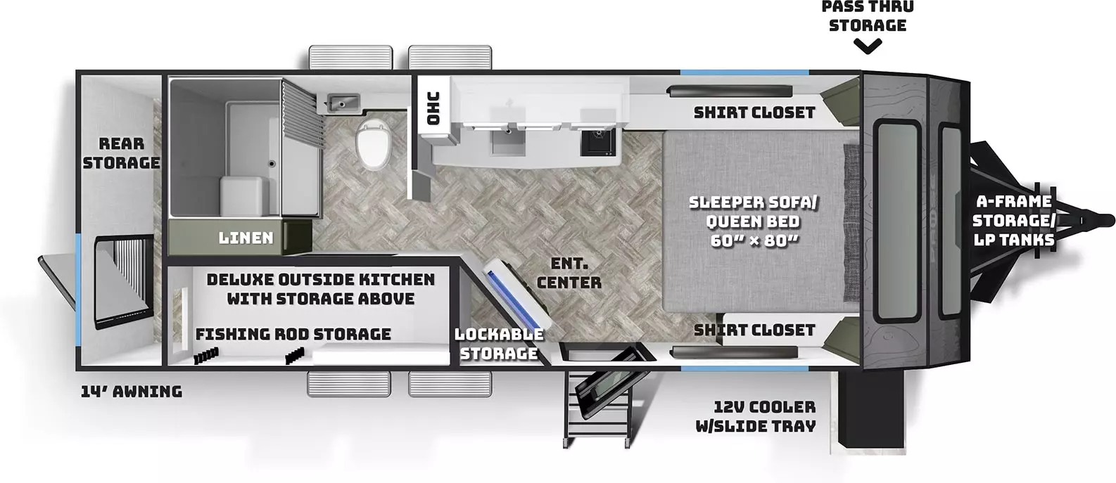 The Pause 20.2 has no slideouts and one entry door. Exterior features include front pass-through storage with door side 12 Volt cooler on a slide tray, a-frame storage LP tanks, deluxe outside kitchen, and 14 foot awning. Interior layout front to back: sleeper sofa/queen bed with shirt closets on each side; door side entry and angled entertainment center with lockable storage behind; off-door side sink and overhead cabinet; rear deluxe outside kitchen with storage above including fishing rod storage; off-door side toilet and shower; rear linen cabinet; separate rear storage area accessible by door in the rear.