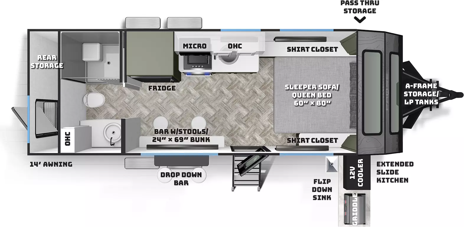 The Pause 20.3 has no slideouts and one entry door. Exterior features include front pass-through storage with door side extended slide kitchen with 12 Volt cooler, griddle and flip down sink, a-frame storage LP tanks, drop down bar, and 14 foot awning. Interior layout front to back: sleeper sofa/queen bed with shirt closets on each side; door side entry and bar stools/bunk; off-door side kitchen counter, sink, overhead cabinet, microwave, cooktop oven, and refrigerator; rear full bathroom with overhead cabinet; separate rear storage area accessible by door in the rear.