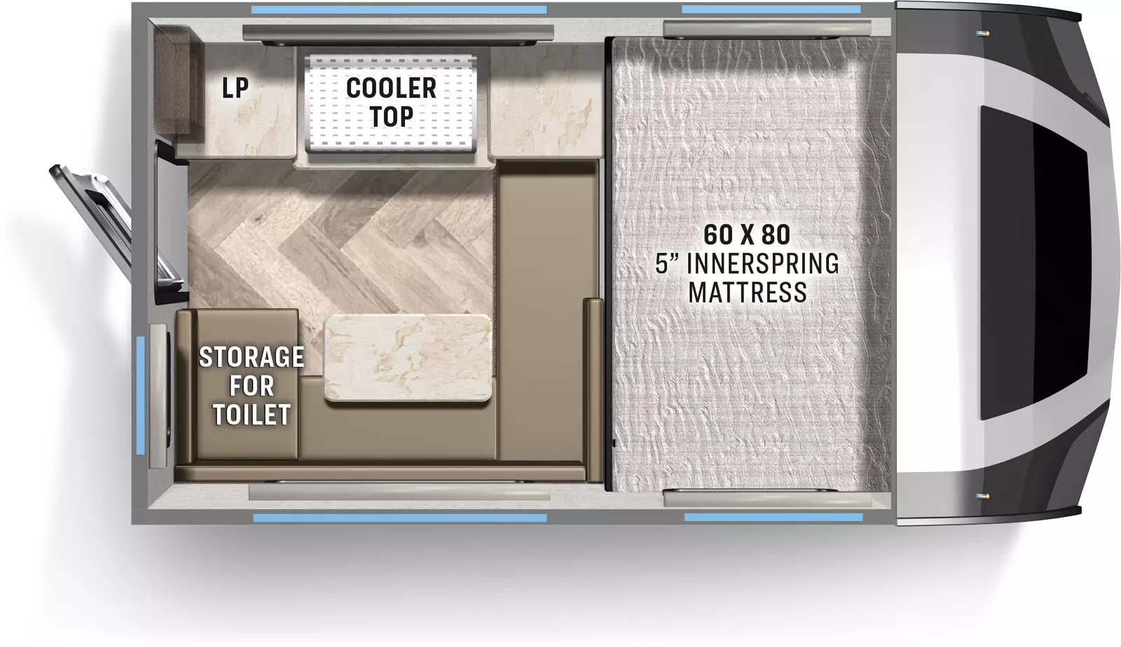 The HS-780 has zero slideouts and one entry at the rear. Interior layout front to back: front 60 x 80 5" innerspring mattress; rear off-door side cooler top and LP; rear door side seating area, table, and storage for toilet.