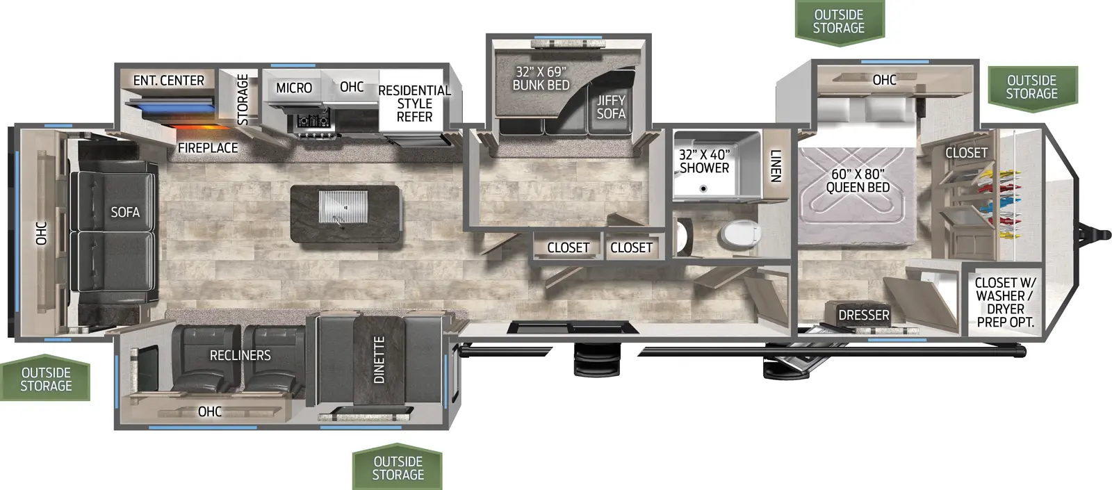 The 38RLB has four slide outs and two entries. Exterior features outside storage. Interior layout front to back: front closet with optional washer/dryer prep, off-door queen bed slideout with overhead cabinet, and door side dresser and entry; off-door side full bathroom with linen closet; closet in hall opposite sliding patio door entry; bunk room with a slideout with bunk bed above a jiffy sofa, and a closet; rear kitchen and living area with door side slideout with dinette and two recliners with overhead cabinets, kitchen island with sink, off-door side slideout with residential style refrigerator, microwave, cooktop stove, storage, entertainment center with fireplace, and a rear sofa with overhead cabinets.
