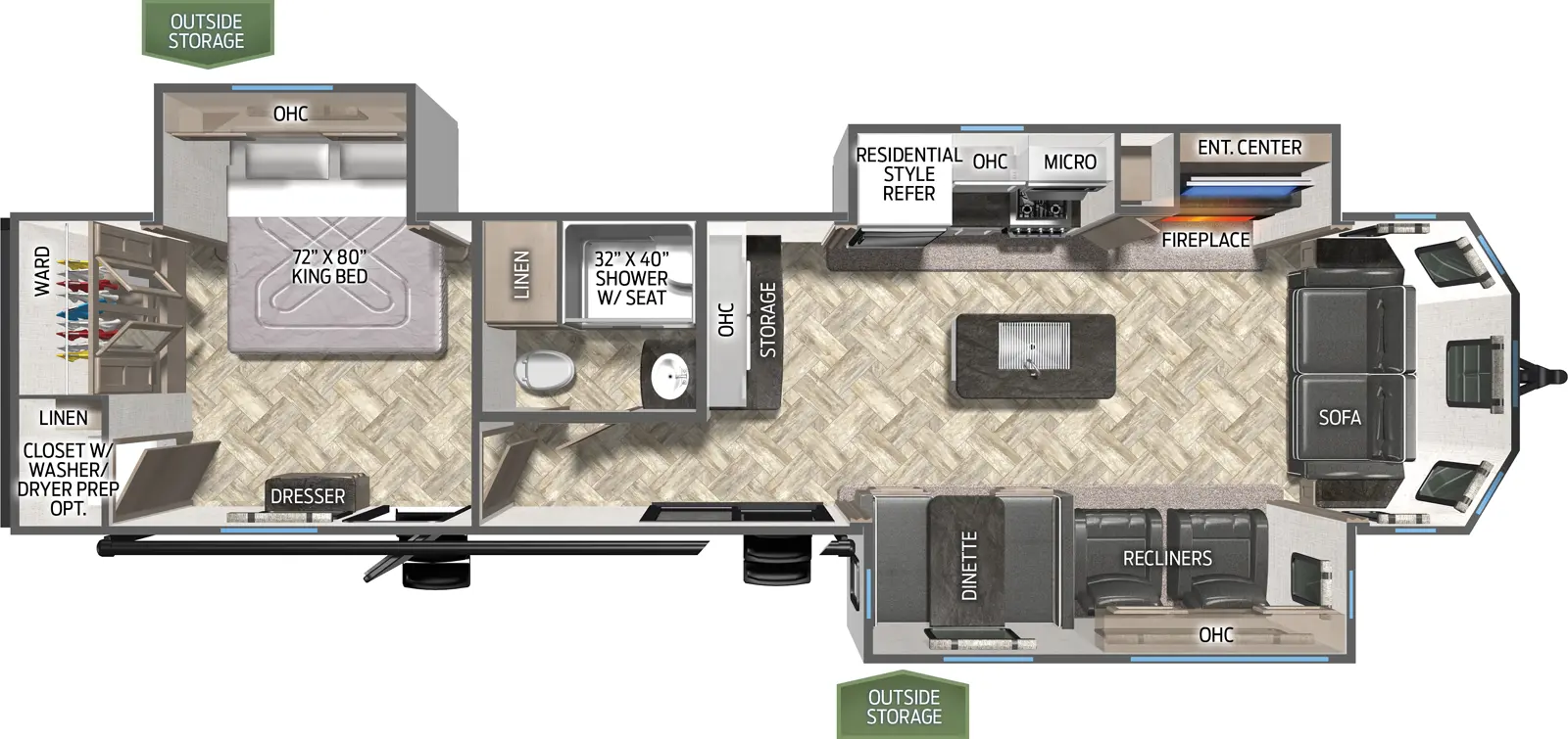 The 37PFL has three slide outs. Two on the off door side and one on the door side. Exterior features include a 19 foot awning. Interior layout from the front to back: three cushion sofa; slide out on the door side contains two recliners and a booth dinette; kitchen island with a sink; slide out on the off door side contains kitchen with residential refrigerator, microwave, cooktop stove, pantry and entertainment center; extra storage with countertop space; full bathroom; bedroom with slide out containing a king bed, closet with washer dryer prep.