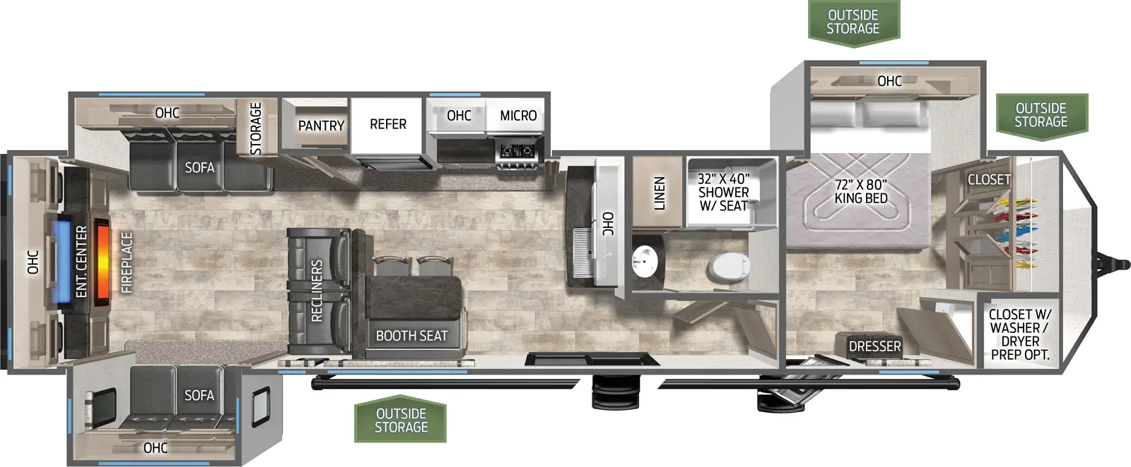 The 38DEN has three slide outs. Two on the off door side and one on the door side. Exterior features include an 18 foot awning. Interior layout from the front to back: bedroom with closet that has washer dryer prep, slide out containing a king bed; full bathroom; kitchen sink; chairs and booth combo seating; off door side slide out containing cooktop stove, microwave, residential refrigerator, pantry, storage, and a three cushion sofa; two recliners; door side slide out containing a three cushion sofa; entertainment center.
