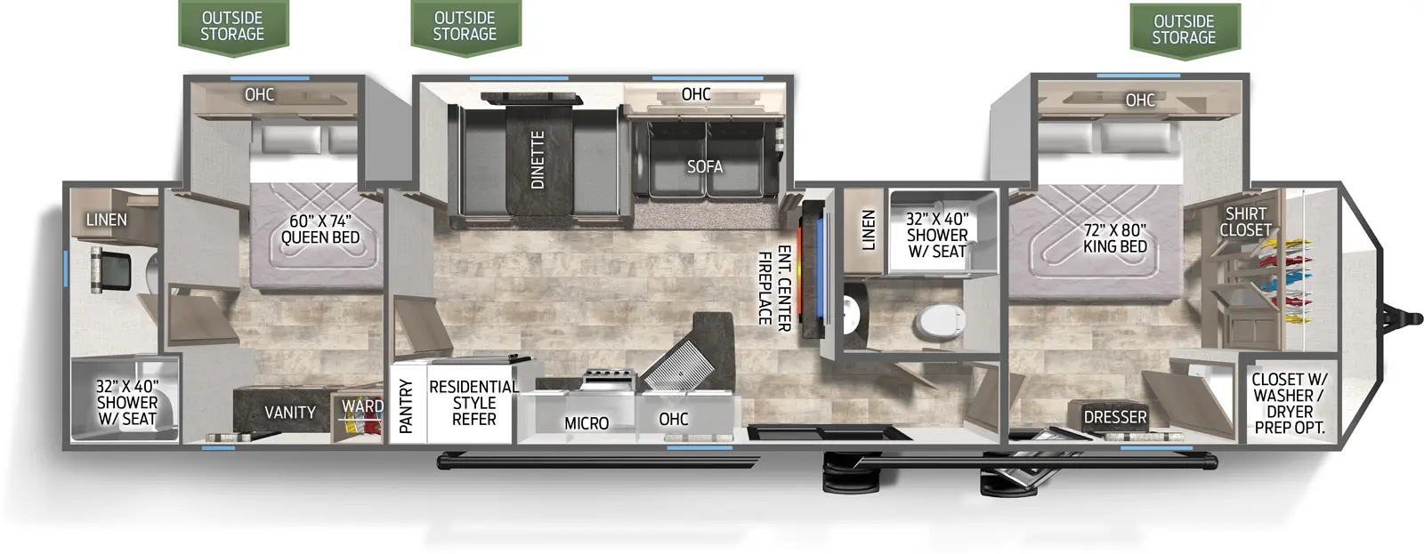 The 39DBT has three slide outs on the off door side. Exterior features include a 21 foot awning. Interior layout from the front to back: bedroom with closet that has washer dryer prep, slide out containing a king bed, dresser; full bathroom; entertainment center; off door slide out containing a three cushion sofa and booth dinette; kitchen with cooktop stove, microwave, residential refrigerator and pantry; second bedroom with slide out containing a queen bed, vanity and wardrobe; second full bathroom.