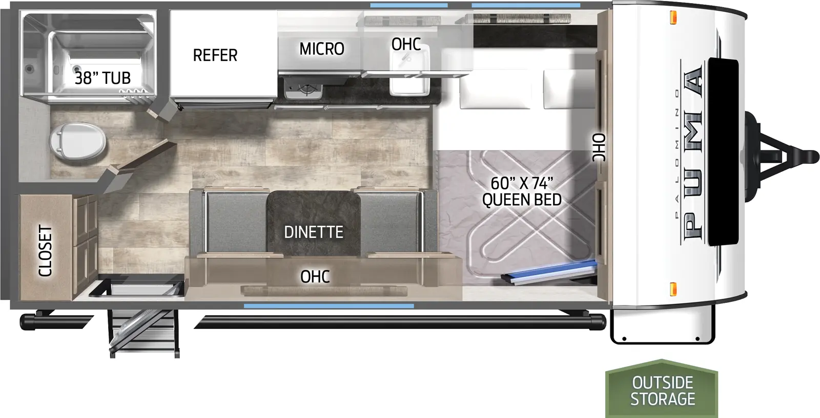 The Puma Ultra Lite 12FBX floorplan has one entry and zero slide outs. Exterior features include: metal exterior and 10' awning. Interiors features include: front bedroom.
