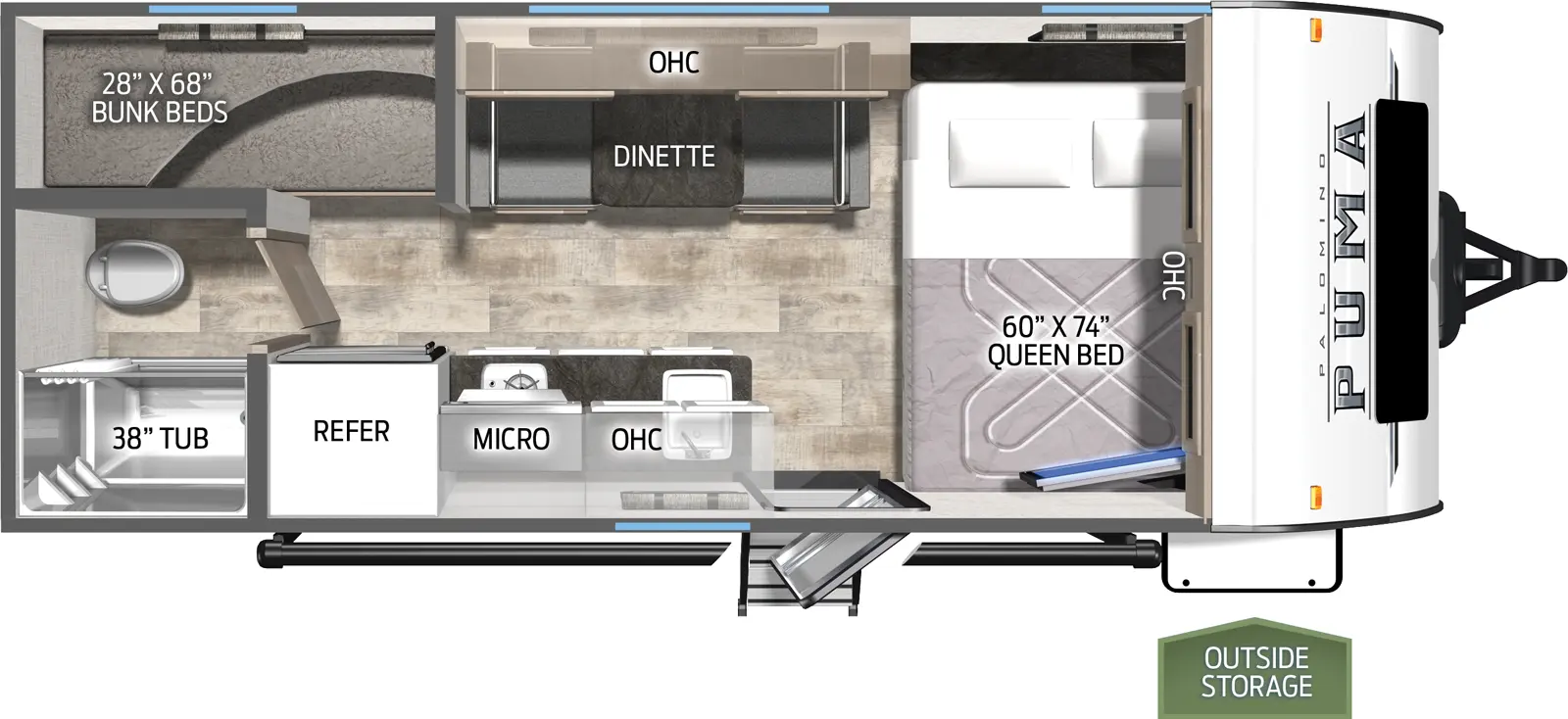 The 16BHX has no slide outs. Exterior features include a 12 foot awning. Interior layout from the front to back: queen bed with end table; booth dinette; kitchen with cooktop and refrigerator; full bathroom; top and bottom bunk beds.
