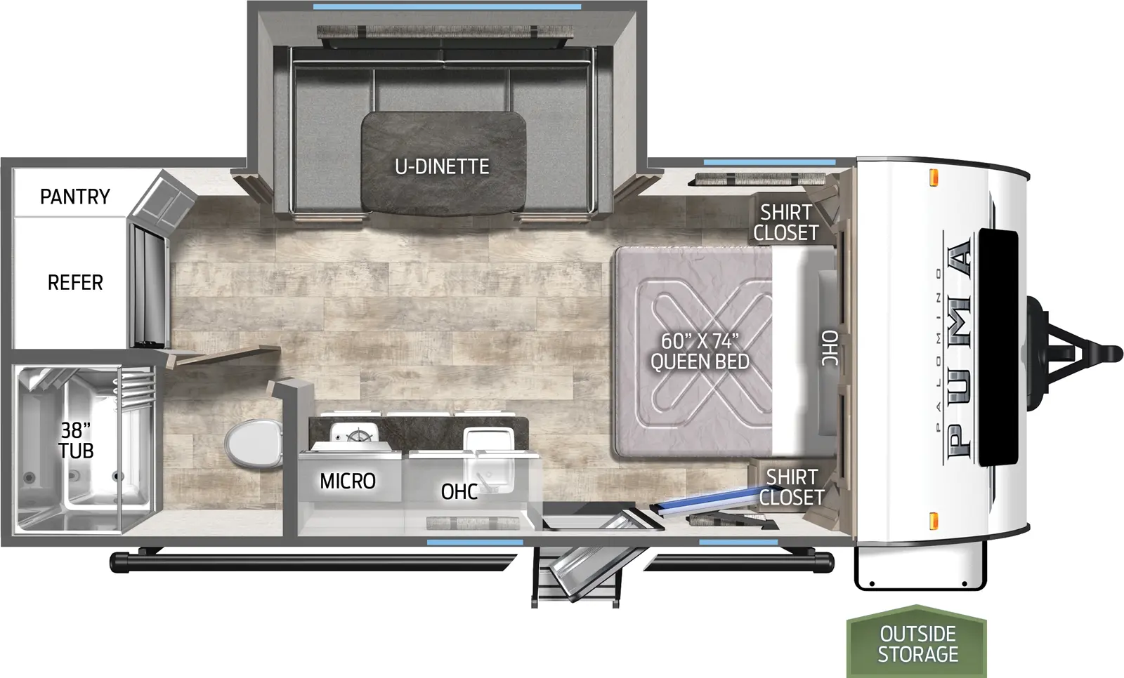 The 16DSX has one slide out on the off door side. Exterior features include a 14 foot awning. Interior layout from the front to the back: queen bed with two shirt closets; slide out containing a U-dinette; kitchen with sink and cooktop; full bathroom; refrigerator and pantry.
