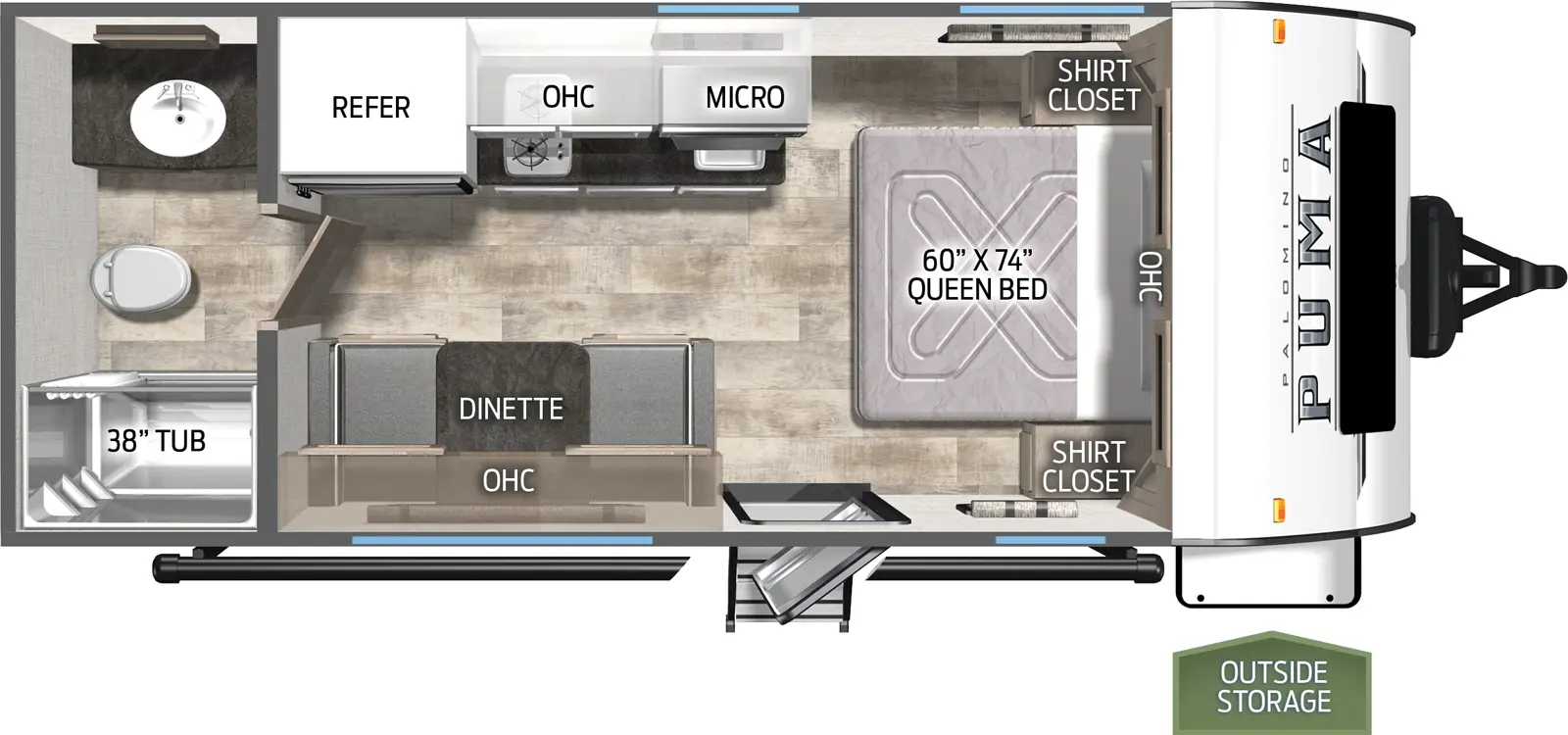 The 16QBX has no slide outs. Exterior features include a 12 foot awning. Interior layout from the front to back: queen bed with two shirt closets; booth dinette; kitchen with cooktop and refrigerator; full bathroom.
