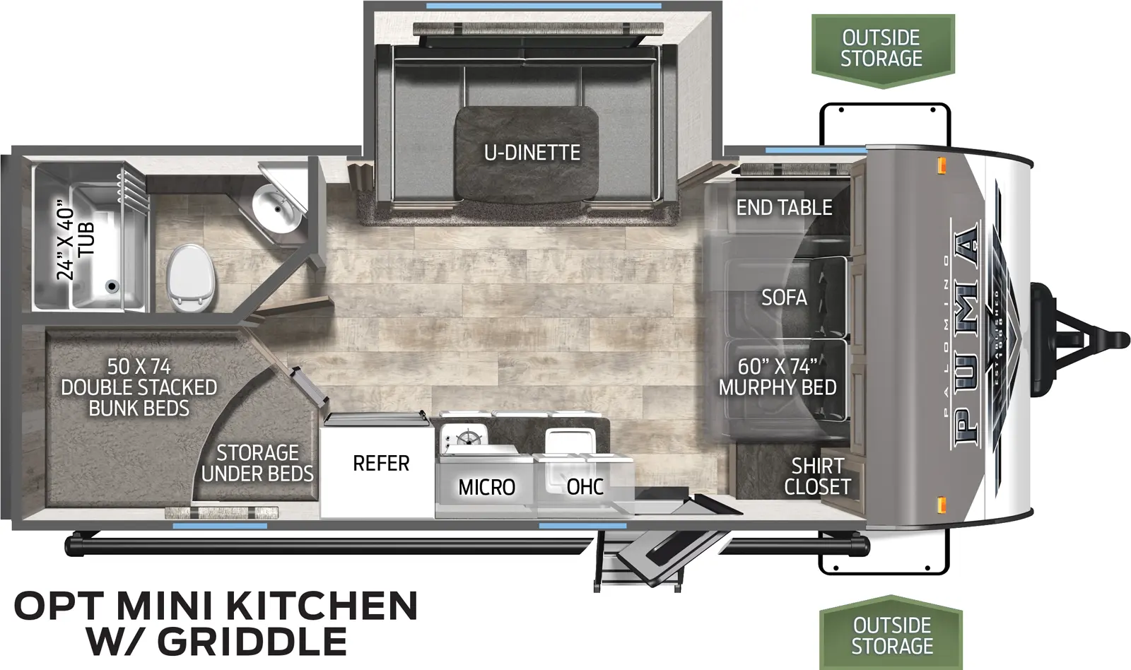 The 18BHX has one slideout and one entry. Exterior features front outside storage. Interior layout front to back: murphy bed sofa with end table and shirt closet; off-door side u-dinette slideout; door side entry, kitchen counter with sink, cooktop, overhead cabinet, microwave and refrigerator; rear off-door side full bathroom; rear door side double stacked bunk beds with storage underneath.