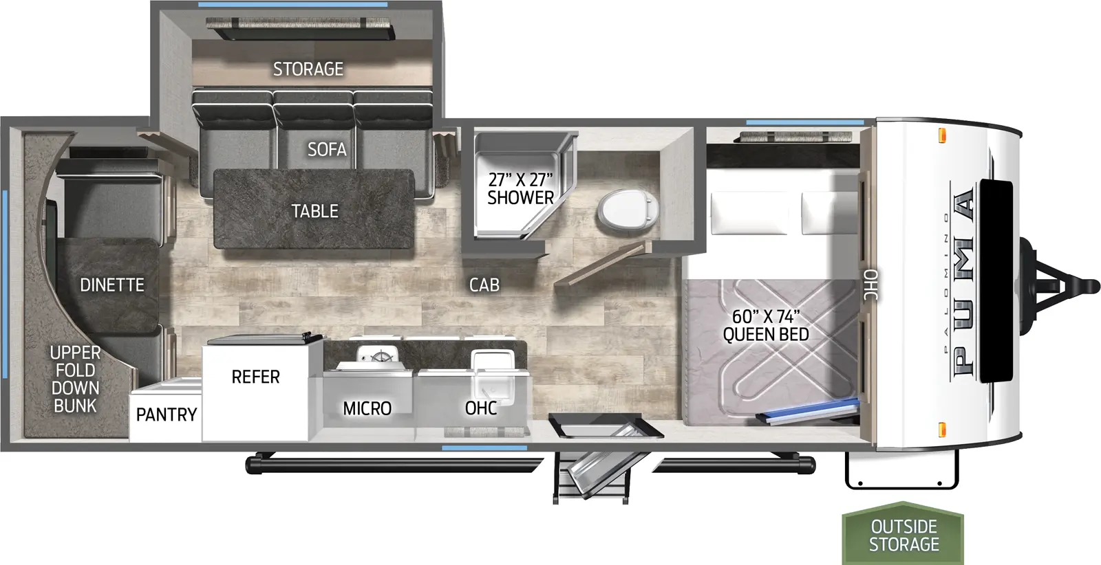 The 18RDX has one slide out on the off door side. Exterior features include a 14 foot awning. Interior layout from the front to back: queen bed with end table; full bathroom; kitchen with cooktop, refrigerator and pantry; slide out containing a three cushion sofa with storage behind it and a table in front; three cushion fold down sofa and flip down bunk bed.
