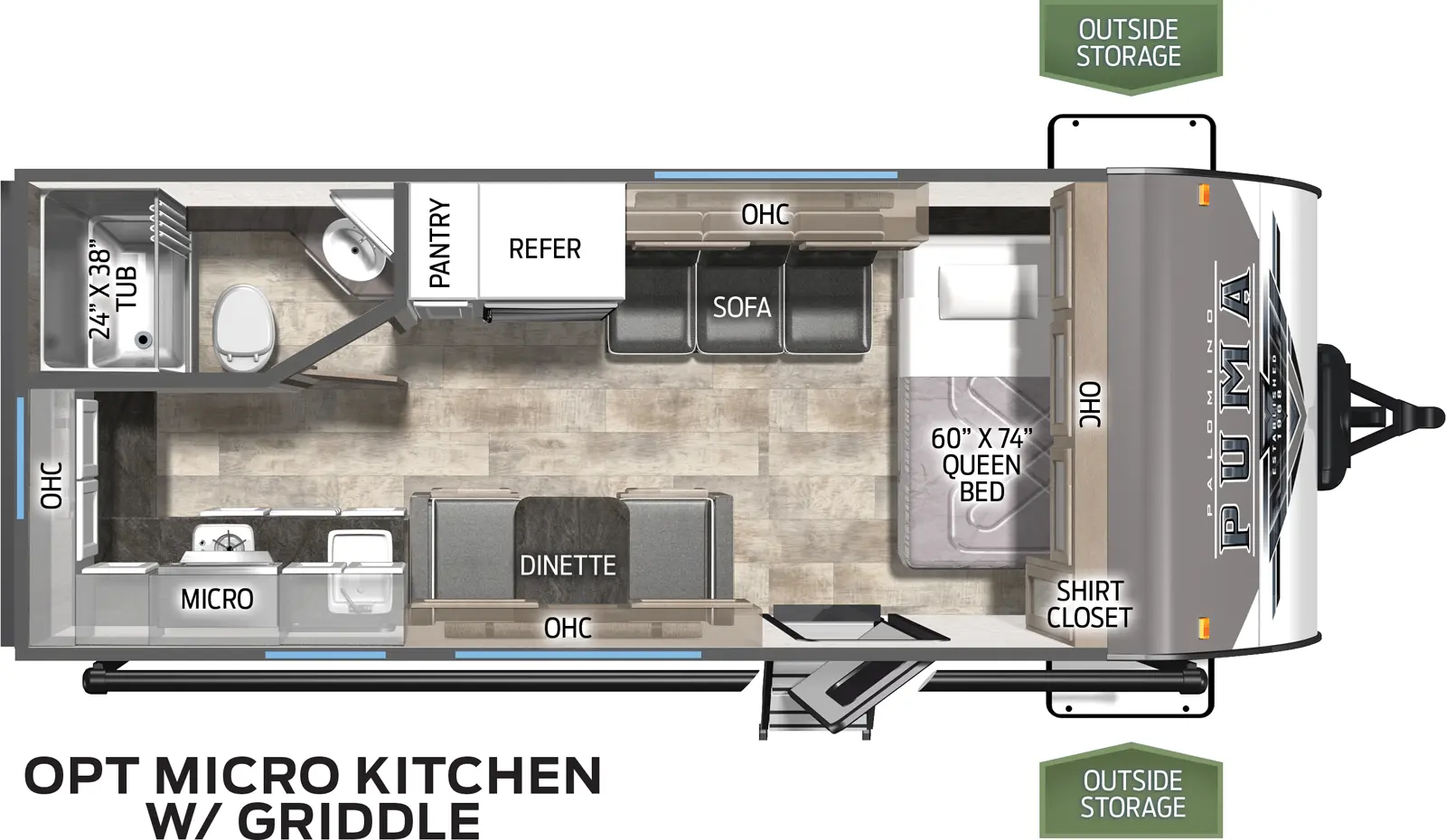 The 18RKX has zero slideouts and one entry. Exterior features front storage, awning, and optional outside kitchen. Interior layout front to back: side facing queen bed with overhead cabinet and shirt closet; off-door side sofa with overhead cabinet, refrigerator, and pantry; door side entry, dinette and overhead cabinet; rear off-door side full bathroom; rear door side kitchen with sink, overhead cabinet, microwave, cooktop, and countertop that wraps to the rear with more overhead cabinet space.