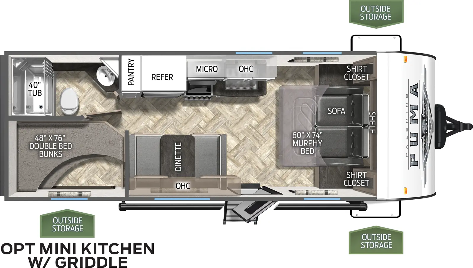 The Puma Ultra Lite 20BHX floorplan has one entry and zero slide outs. Exterior features include: metal exterior and 19' awning. Interiors features include: bunk beds and murphy bed.