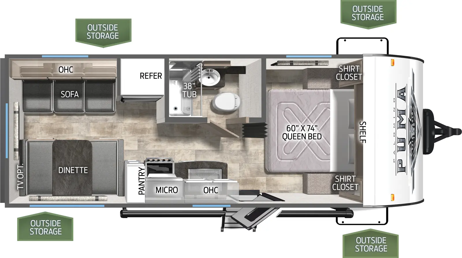 The Puma Ultra Lite 20RLX floorplan has one entry and zero slide outs. Exterior features include: metal exterior and 16' awning. Interiors features include: front bedroom.