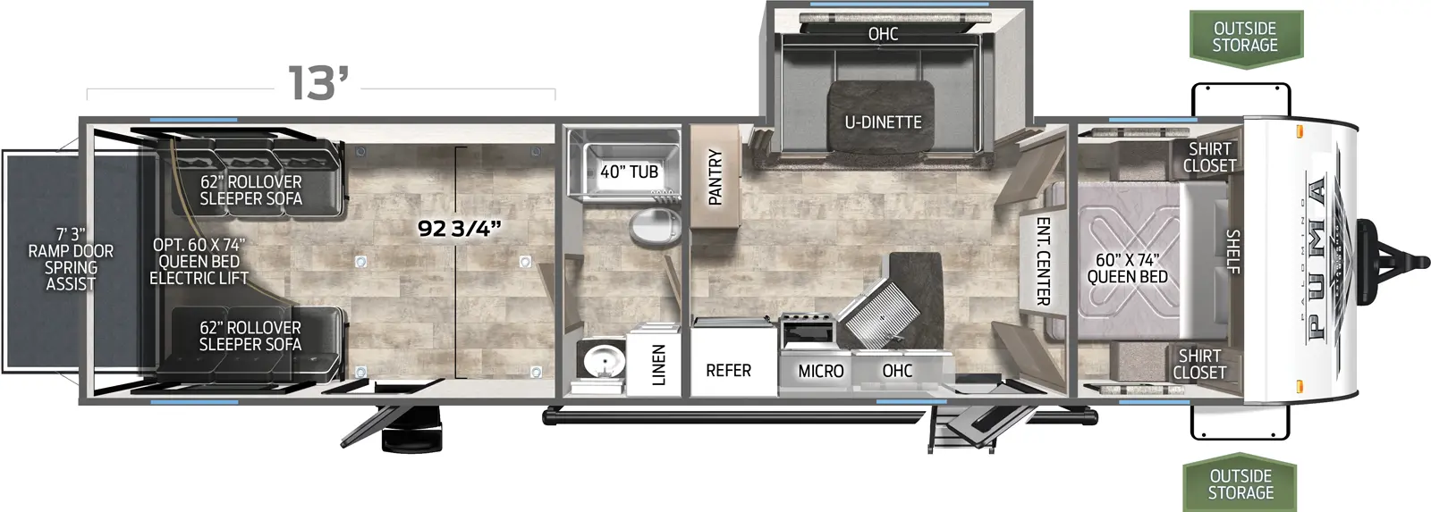 The 29TH has one slideout, two entries, and a rear ramp door with spring assist. Exterior features outside storage. Interior layout front to back: foot-facing queen bed with overhead shelf and shirt closets on each side; island entertainment center along inner wall; off-door side slideout with u-dinette and overhead cabinet, and pantry; entry door and peninsula kitchen counter with sink that wraps to the door side with overhead cabinets, microwave, cooktop and refrigerator; full pass-through bathroom with linen closet; rear garage with second entry, and rear opposing rollover sleeper sofas with optional queen bed electric lift above. Garage dimensions: 13 foot from rear to bathroom; 92 3/4 inches from door side to off-door side.