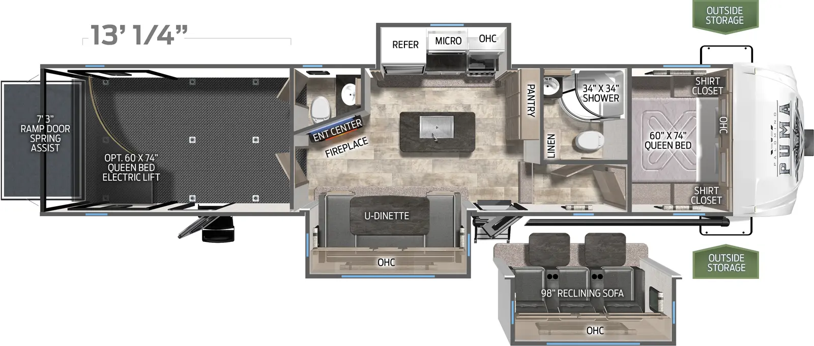 The 383DSS has two slide outs on either sides of the trailer. Exterior features include a 21 foot awning and two entry doors. Interior layout from the front to back: front bedroom with queen bed; full bathroom; steps down into living and kitchen area; door side slide out contains a U-dinette; kitchen island with sink; off door slide out contains cooktop stove, microwave and refrigerator; cargo area contains a half bath; queen bunk electric lift system; ramp door.
