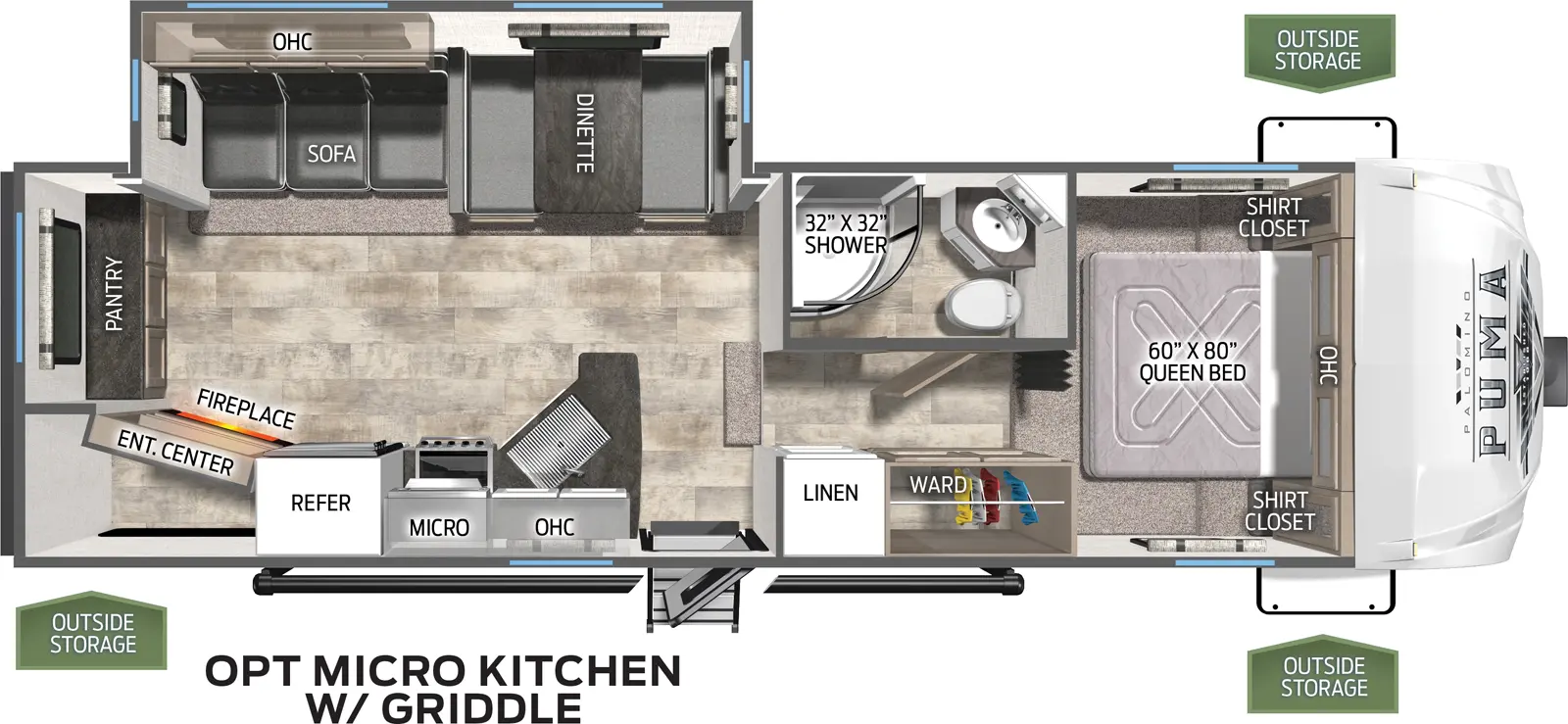 The 257RESS has one slide out on the off door side. Exterior features include a 18 foot awning and a micro outside kitchen. Interior layout from the front to the back: front bedroom with queen bed; wardrobe and pantry; full bathroom; steps into living and kitchen area; slide out containing a booth dinette and three cushion sofa; kitchen containing a refrigerator, microwave and cooktop stove; large entertainment center; large rear pantry.